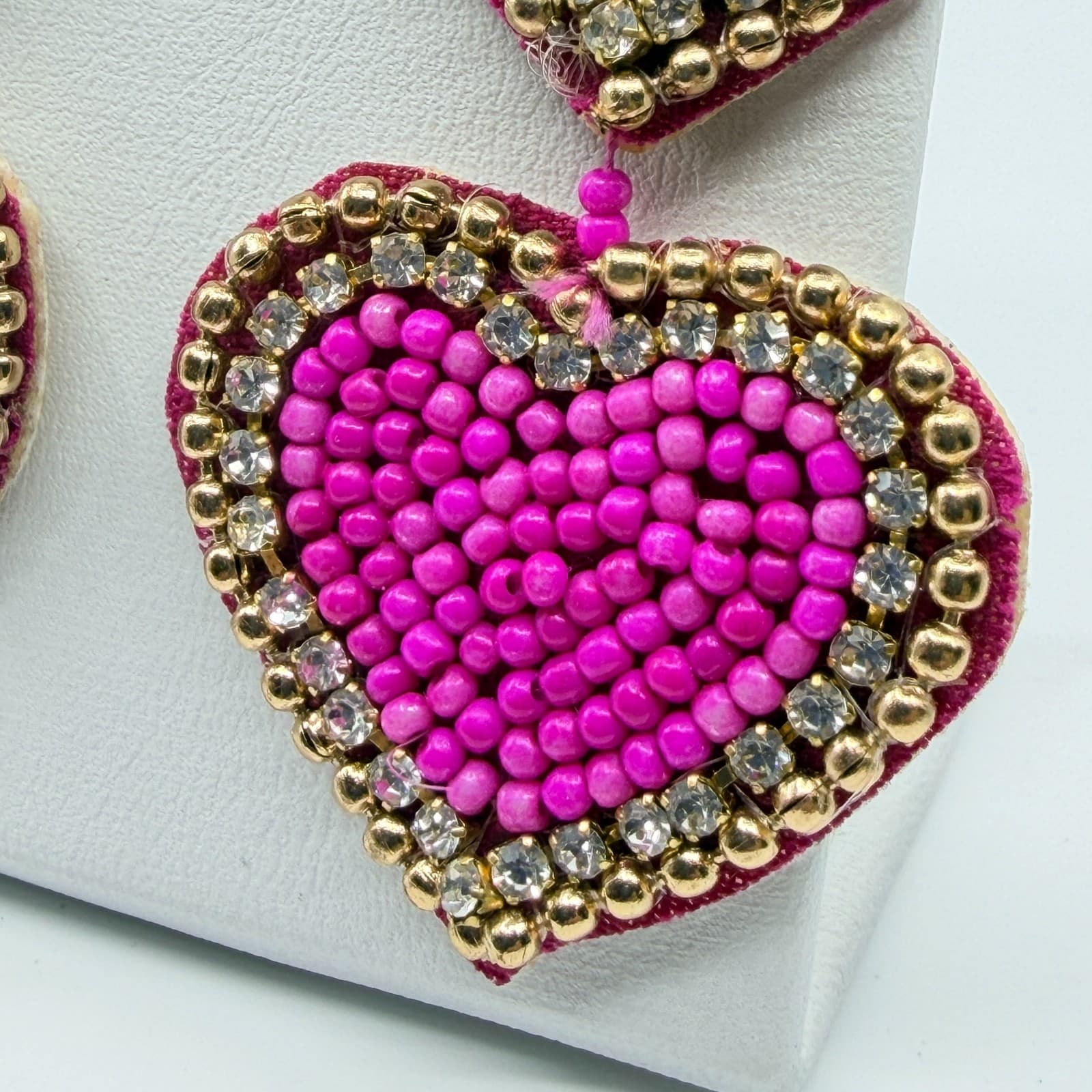 Vintage Y2K Hot Pink Beaded Heart Dangle Earrings Statement Gold Tone Rhinestone - Thumbnail 5