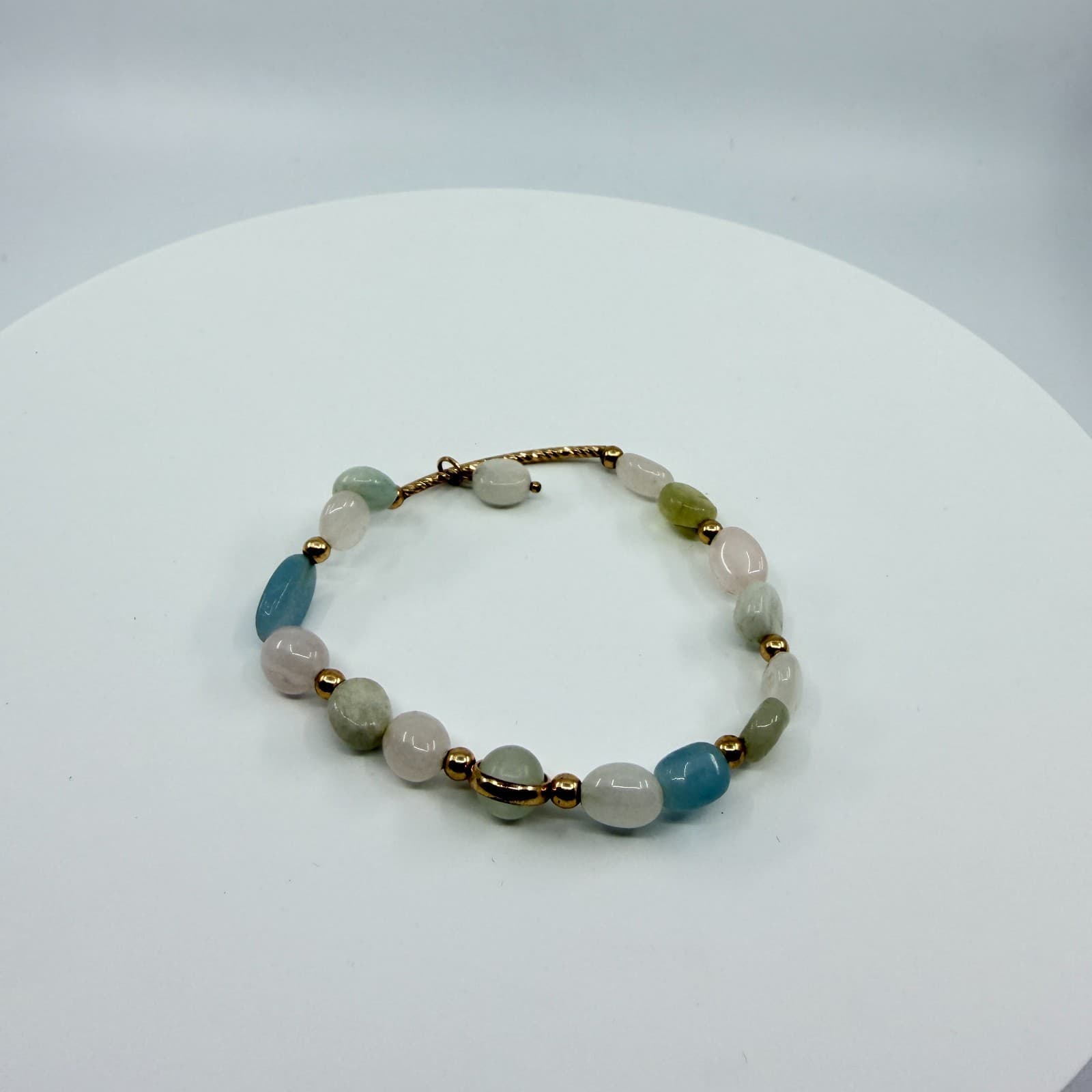 Vintage Pastel Quartz Faux Jade Beaded Bracelet Gold Tone Multi Color Gemstone - Thumbnail 3