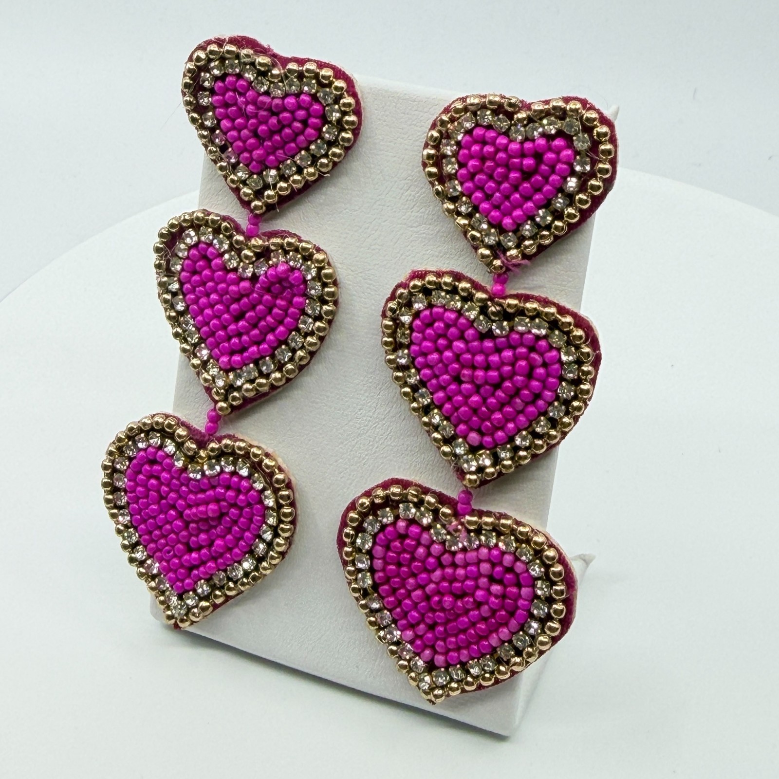 Vintage Y2K Hot Pink Beaded Heart Dangle Earrings Statement Gold Tone Rhinestone - Thumbnail 6