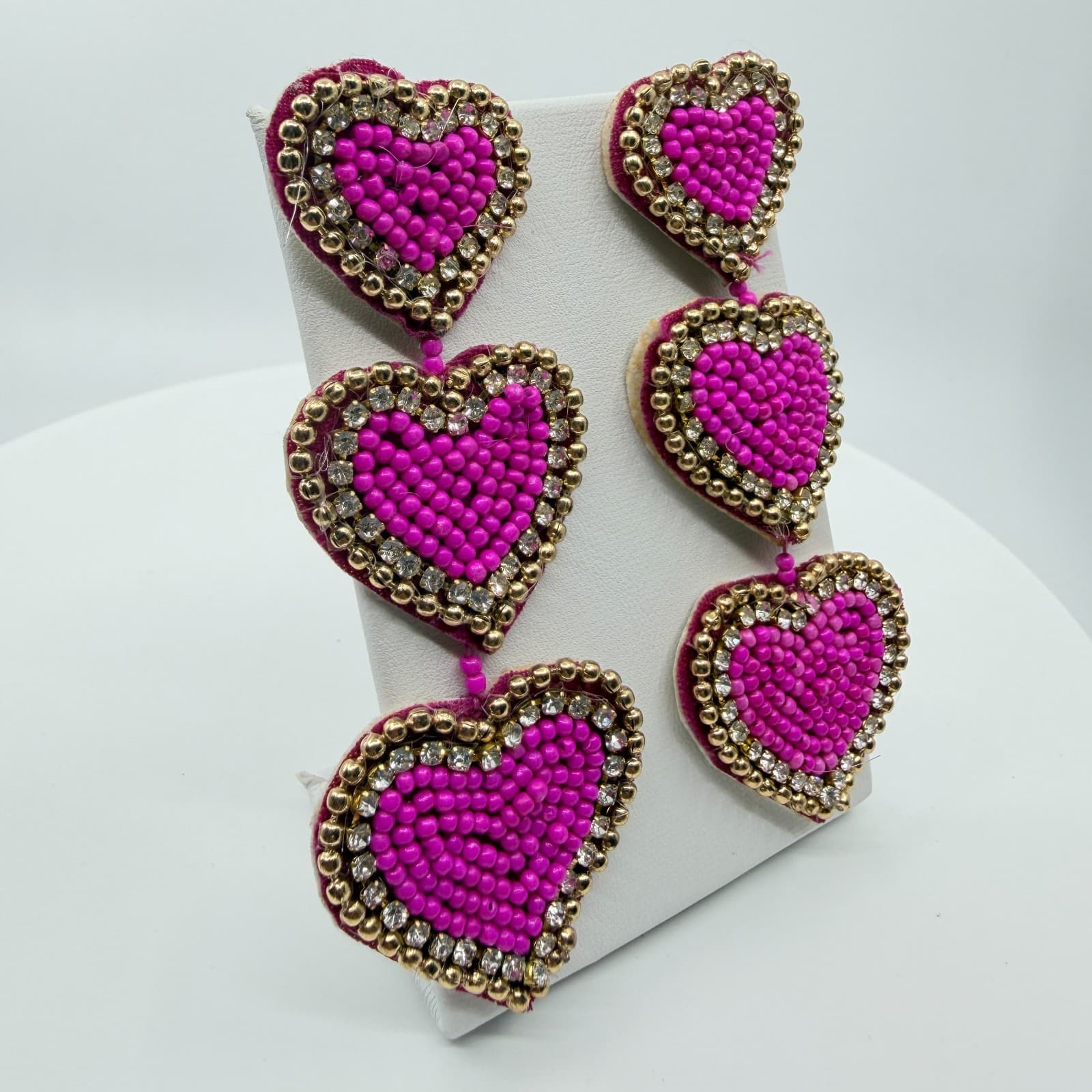 Vintage Y2K Hot Pink Beaded Heart Dangle Earrings Statement Gold Tone Rhinestone - Thumbnail 2