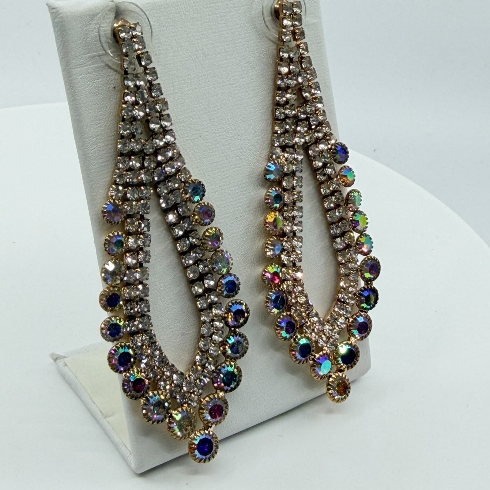 Vintage Aurora Borealis Rhinestone Chandelier Statement Earrings Gold Tone Y2K - Thumbnail 7