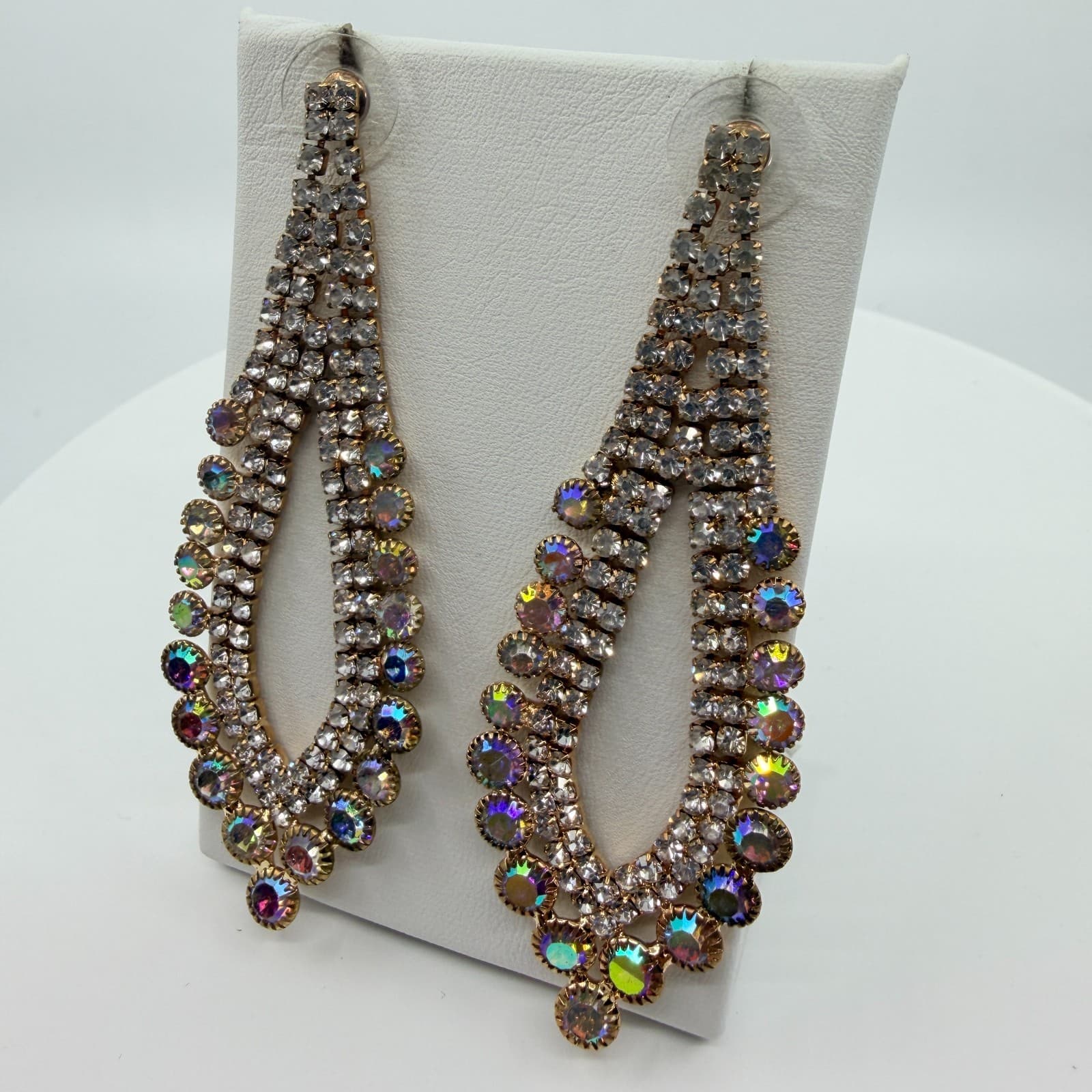 Vintage Aurora Borealis Rhinestone Chandelier Statement Earrings Gold Tone Y2K - Thumbnail 4