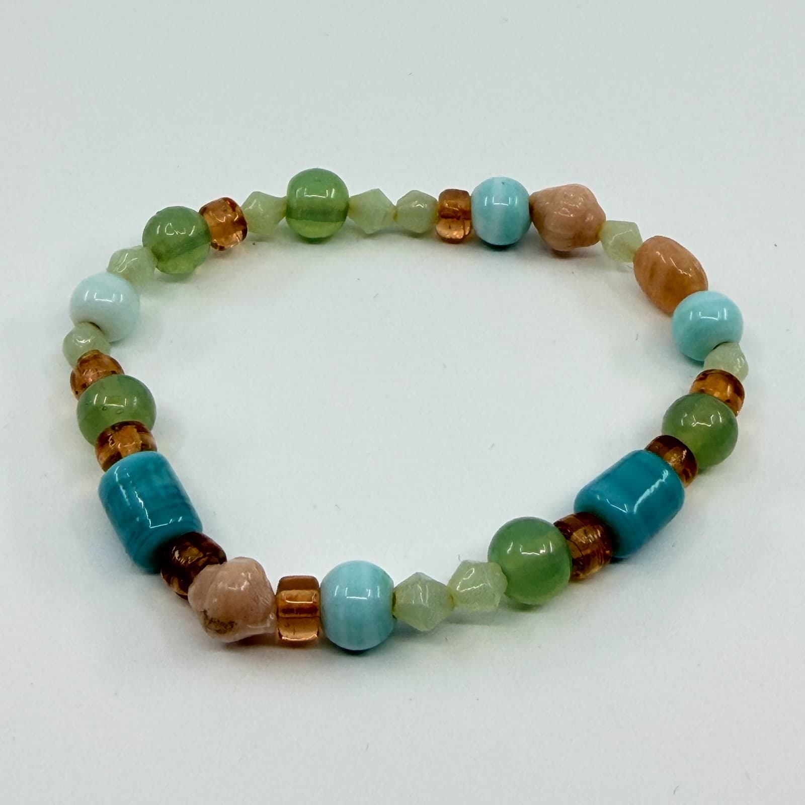 VTG Multi Gemstone Glass Beaded Stretch Bracelet Pastel Aqua Green Bohemian Fun - Thumbnail 3