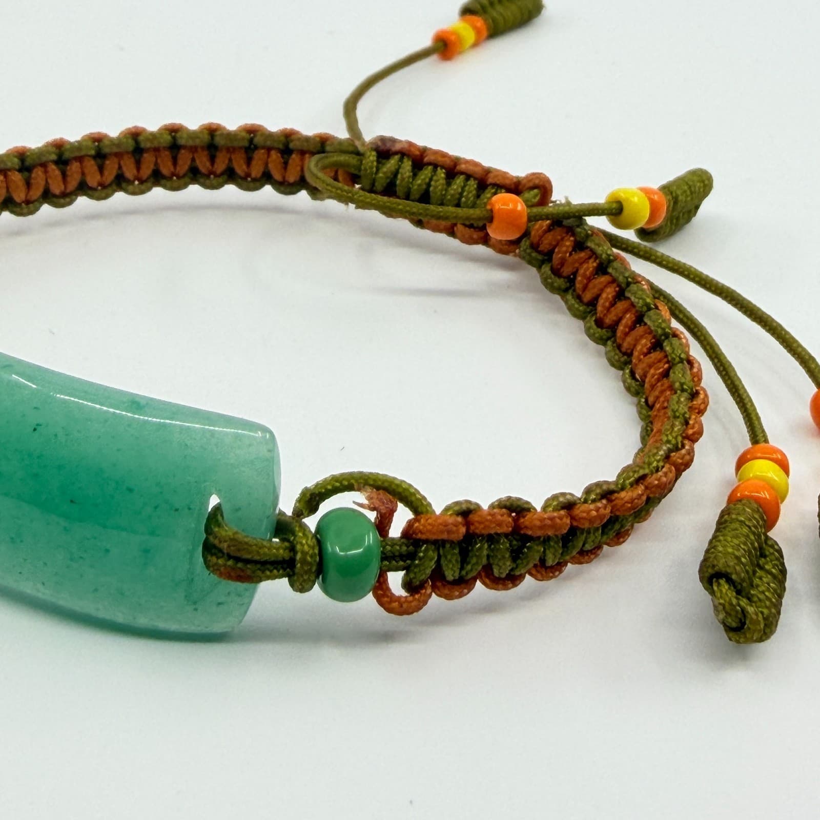 Vintage Faux Jade Aventurine Bar Macrame Cord Braided Slide Bracelet Boho Y2K - Thumbnail 5