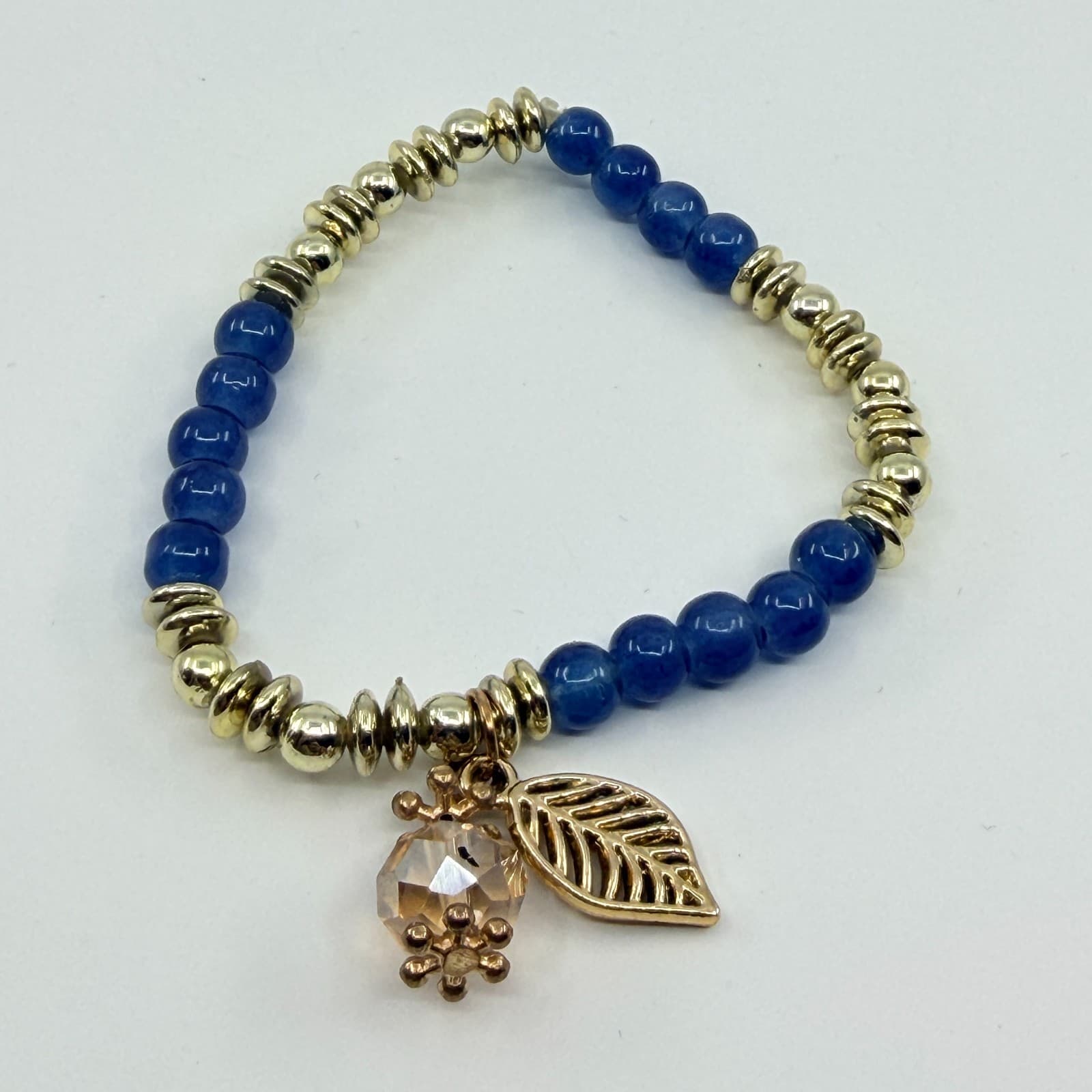 VTG Boho Blue Quartz Gold Tone Beaded Stretch Bracelet Cut Glass Leaf Charm - Thumbnail 8