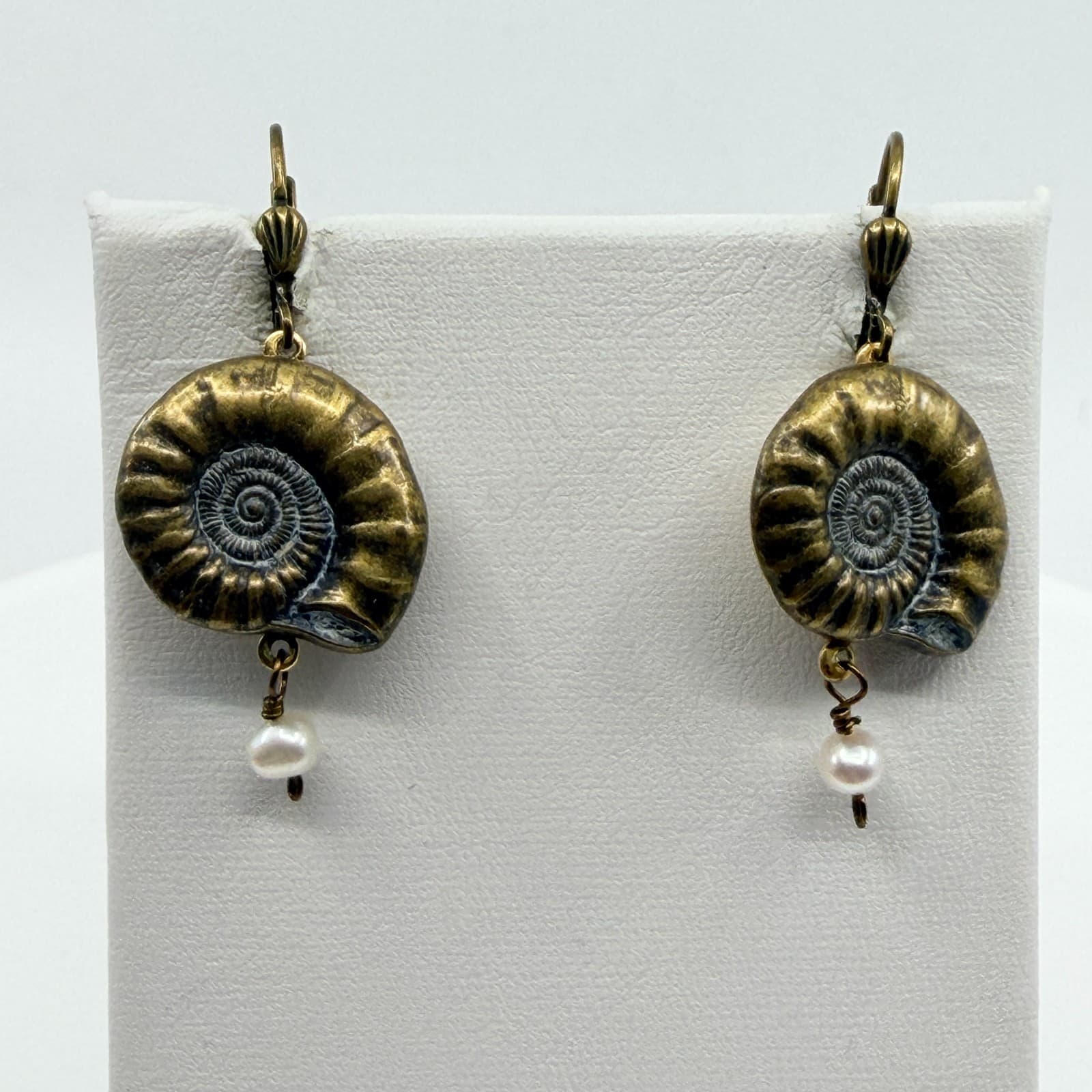 VTG Antique Bronze Tone Ammonite Fossil Shell Dangle Hinged Faux Pearl Earring - Thumbnail 4