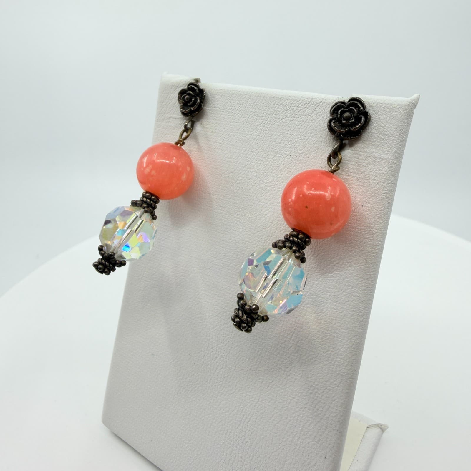 Vintage Retro Coral Pink AB Crystal Dangle Earrings Bronze Tone Rose Studs 80s - Thumbnail 4