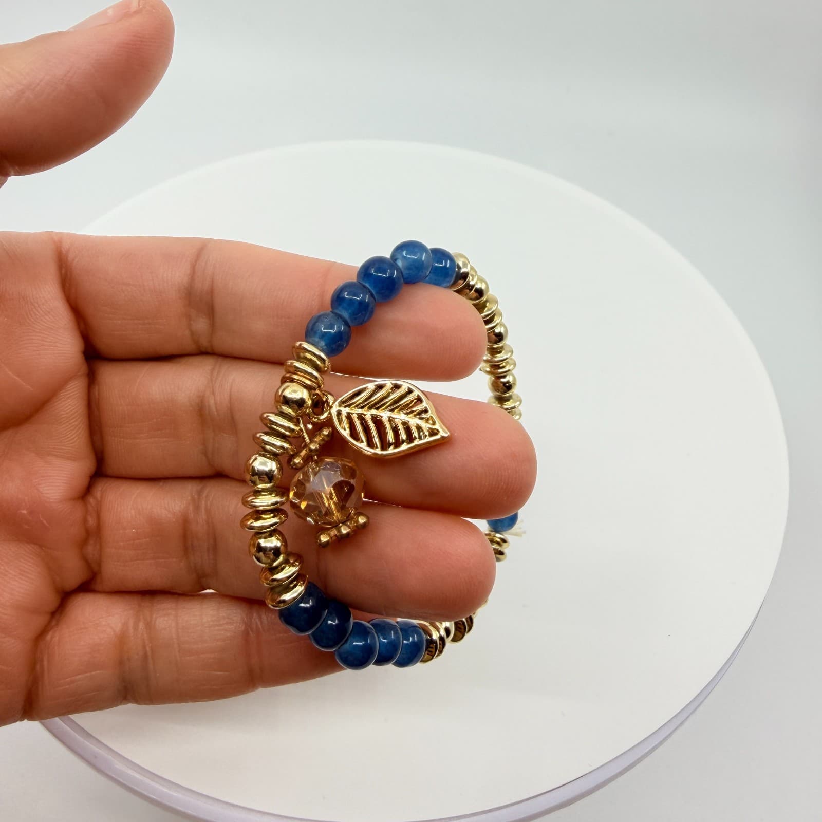 VTG Boho Blue Quartz Gold Tone Beaded Stretch Bracelet Cut Glass Leaf Charm - Thumbnail 9