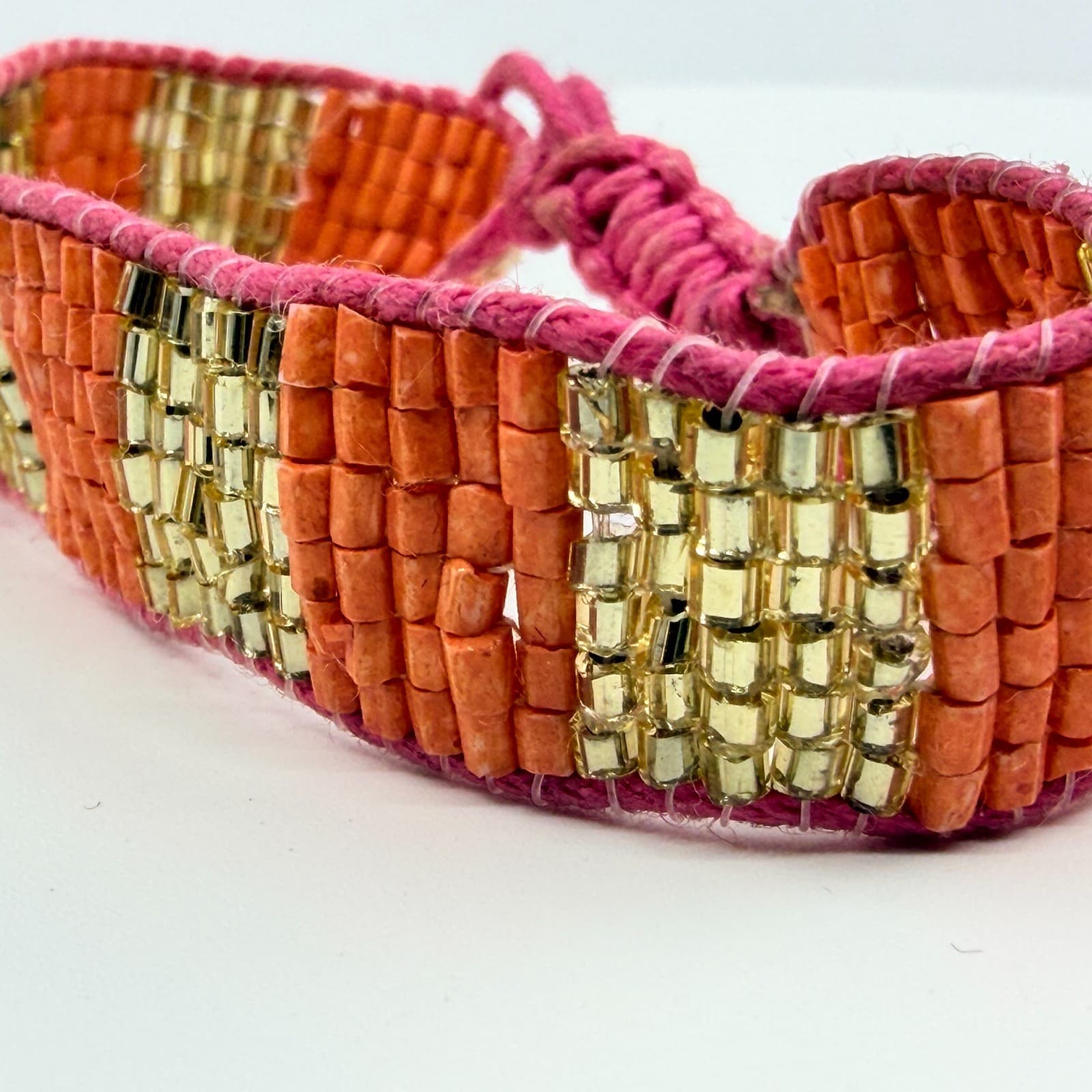 VTG Loom Seed Bead Cuff Bracelet Orange Gold Tone Metallic Pink Adjustable Cord - Thumbnail 4