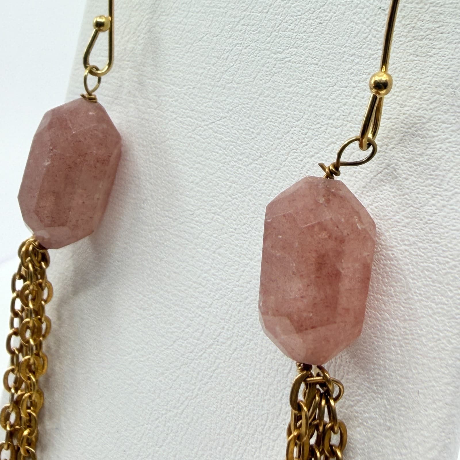 Vintage Gold Tone Pink Strawberry Quartz Faceted Bead Multi Chain Tassel Earring - Thumbnail 5