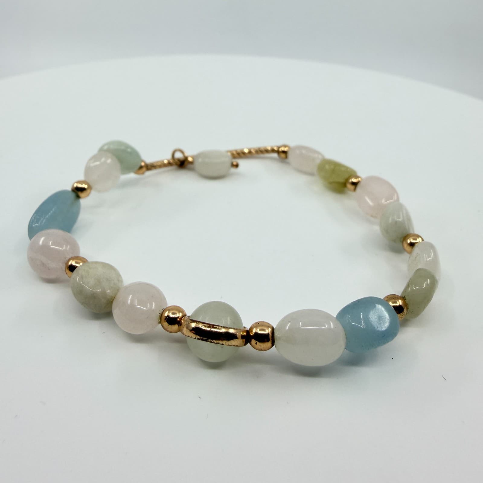 Vintage Pastel Quartz Faux Jade Beaded Bracelet Gold Tone Multi Color Gemstone - Thumbnail 2