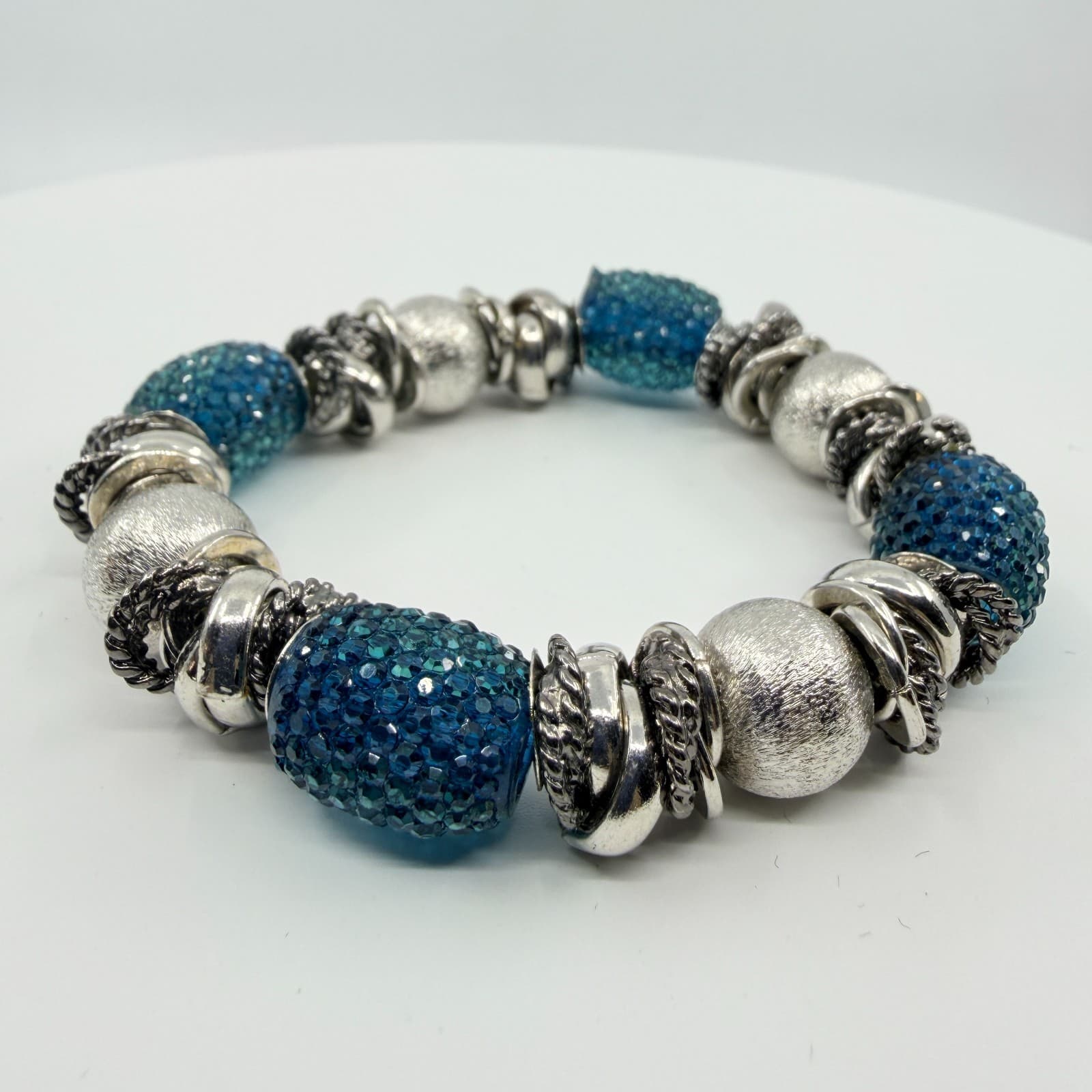VTG Chunky Silver Tone Blue Crystal Bead Stretch Bracelet Statement Stackable - Thumbnail 2