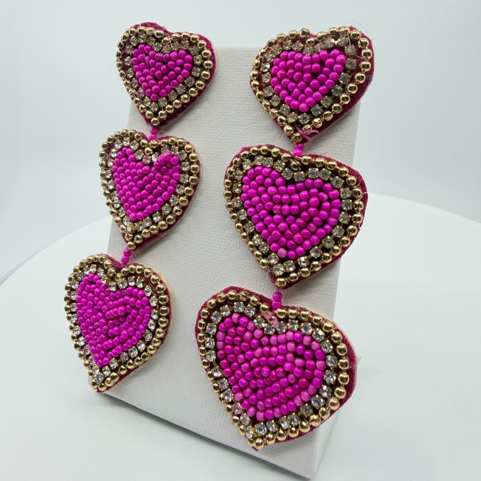 Vintage Y2K Hot Pink Beaded Heart Dangle Earrings Statement Gold Tone Rhinestone - Thumbnail 4