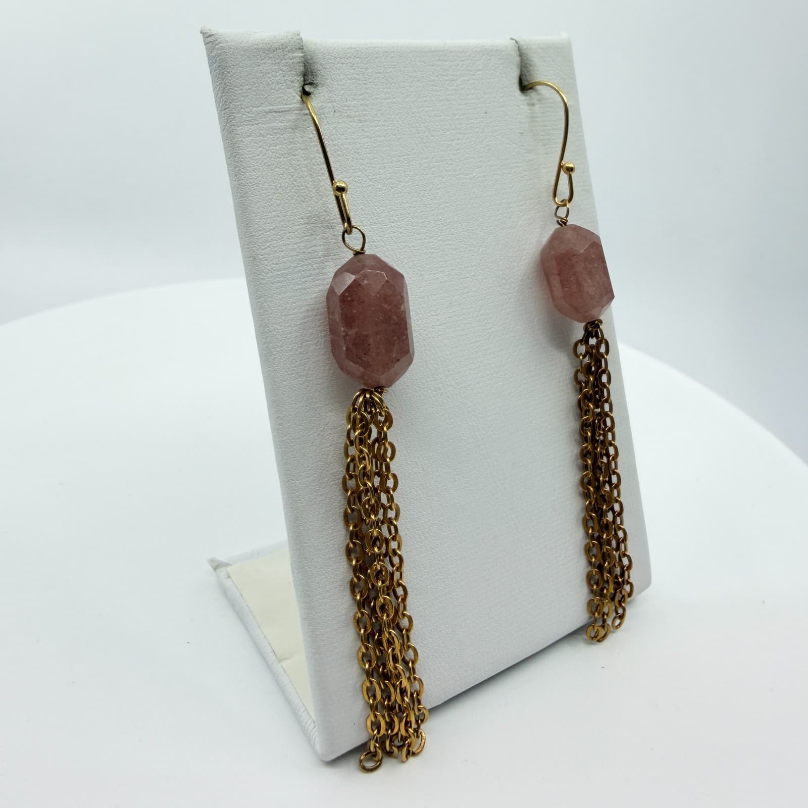Vintage Gold Tone Pink Strawberry Quartz Faceted Bead Multi Chain Tassel Earring - Thumbnail 2