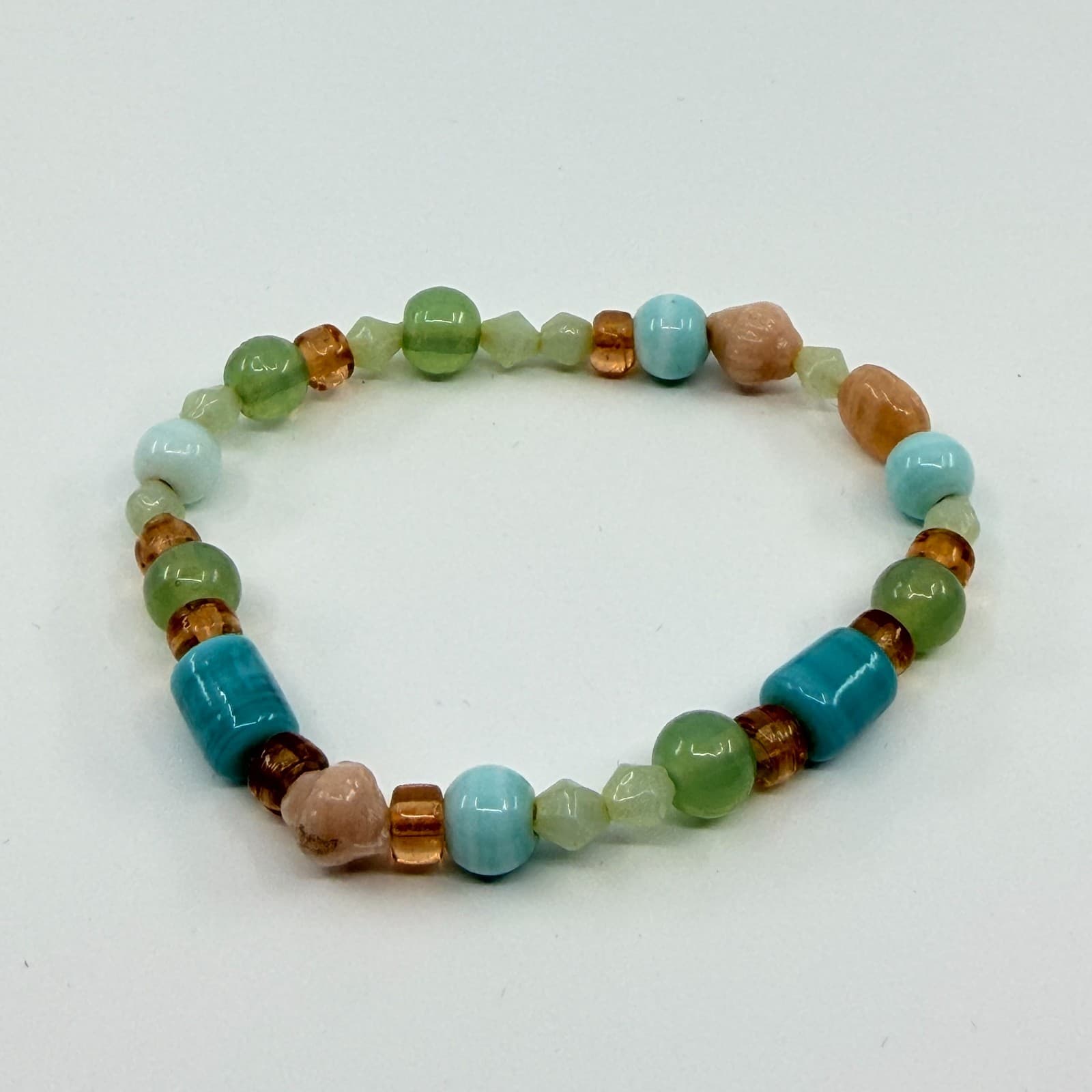 VTG Multi Gemstone Glass Beaded Stretch Bracelet Pastel Aqua Green Bohemian Fun - Thumbnail 5