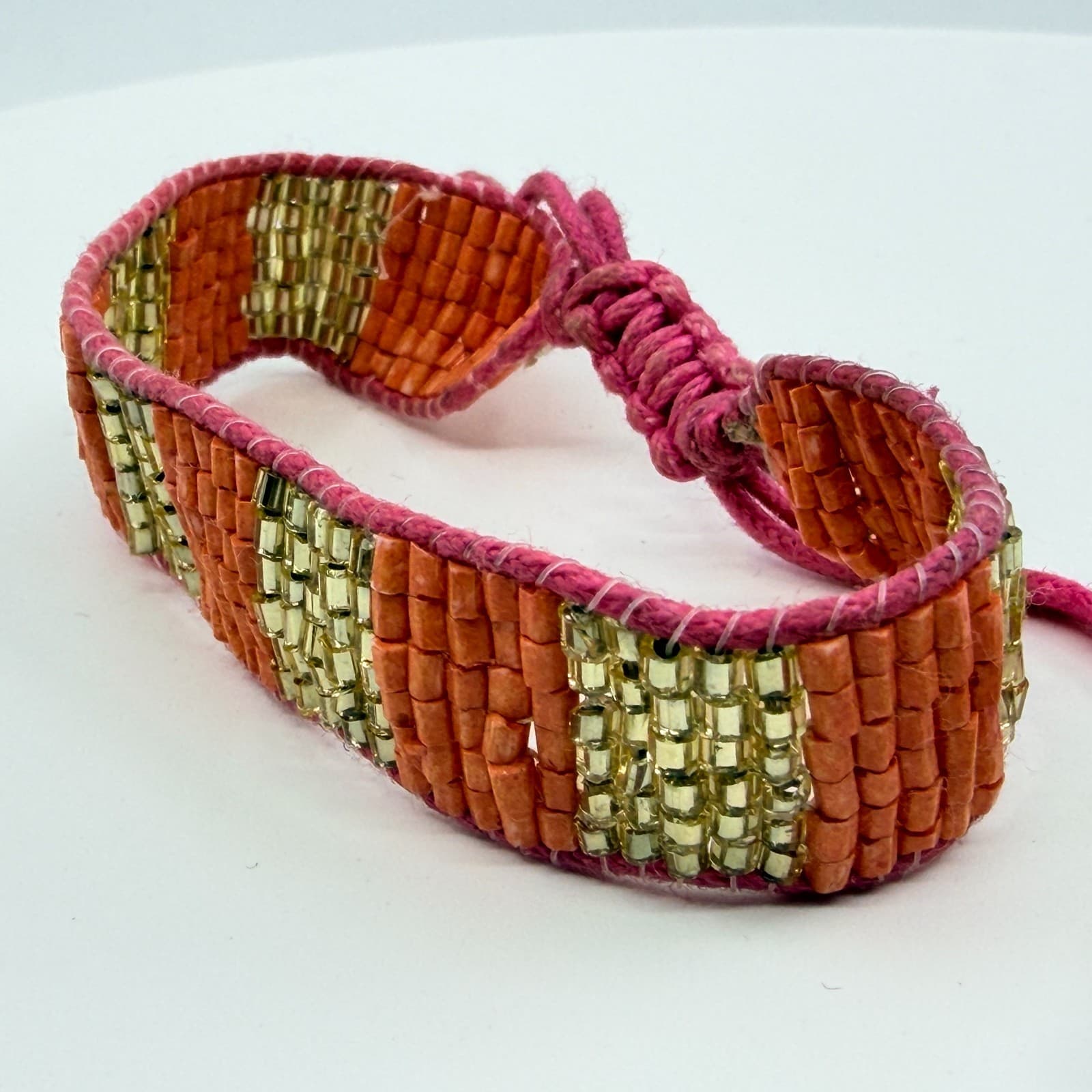 VTG Loom Seed Bead Cuff Bracelet Orange Gold Tone Metallic Pink Adjustable Cord - Thumbnail 3