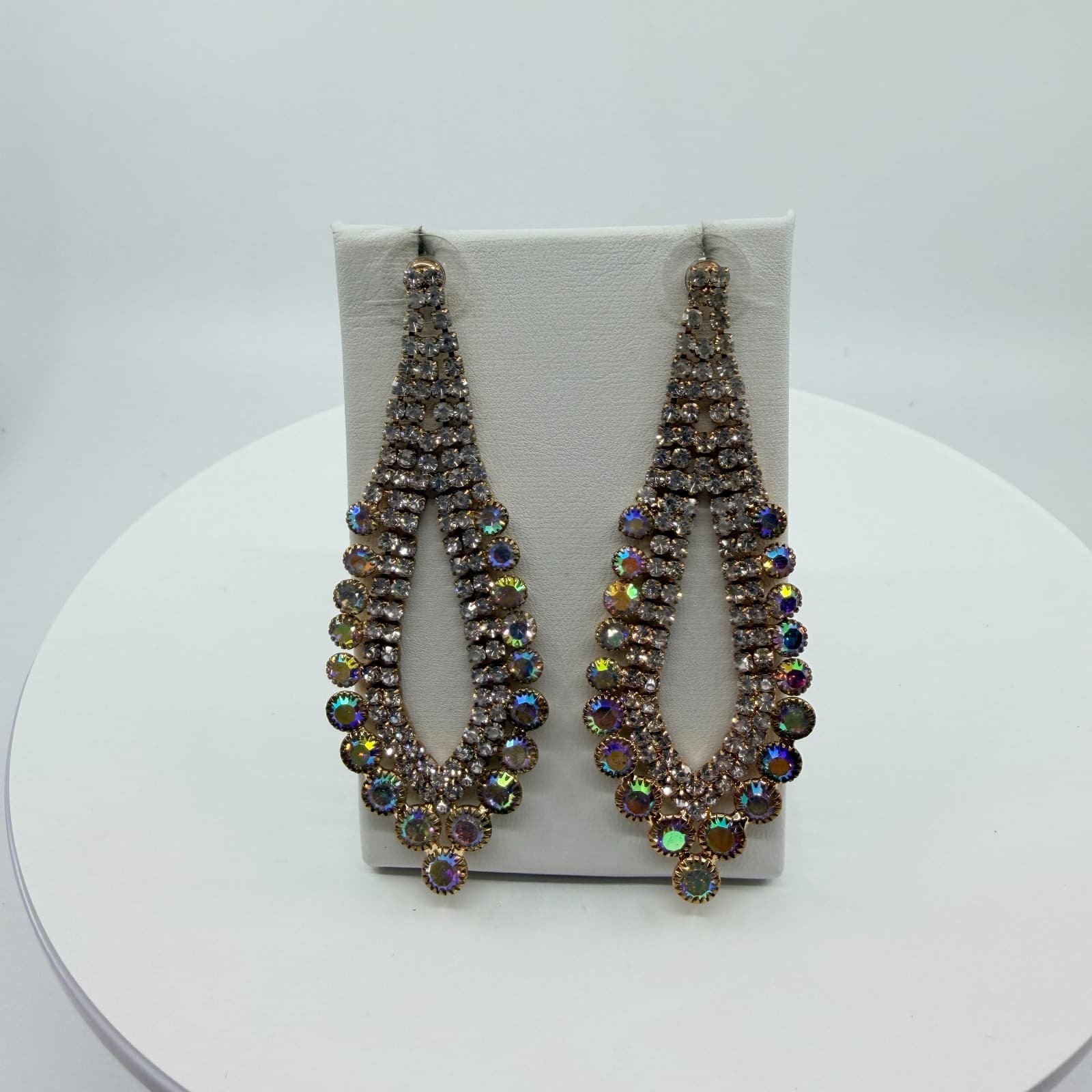 Vintage Aurora Borealis Rhinestone Chandelier Statement Earrings Gold Tone Y2K - Thumbnail 5
