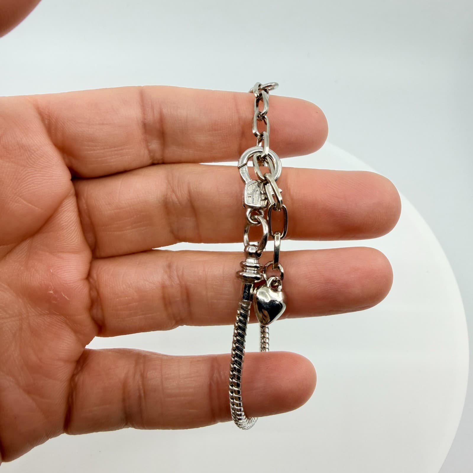VTG Y2K Brighton Silver Tone Snake Chain Bracelet Adjustable Heart Dangle Charm - Thumbnail 10