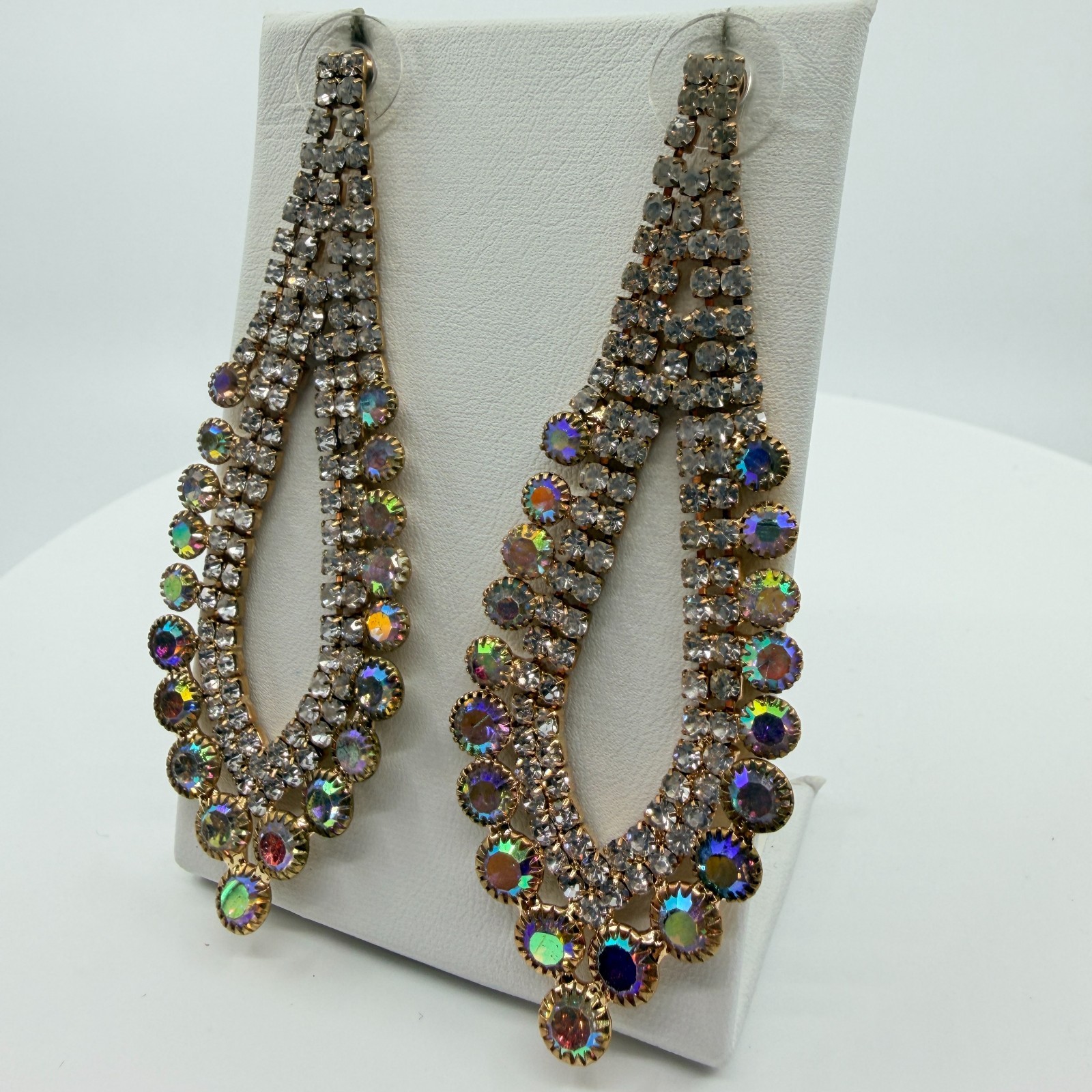 Vintage Aurora Borealis Rhinestone Chandelier Statement Earrings Gold Tone Y2K - Thumbnail 3