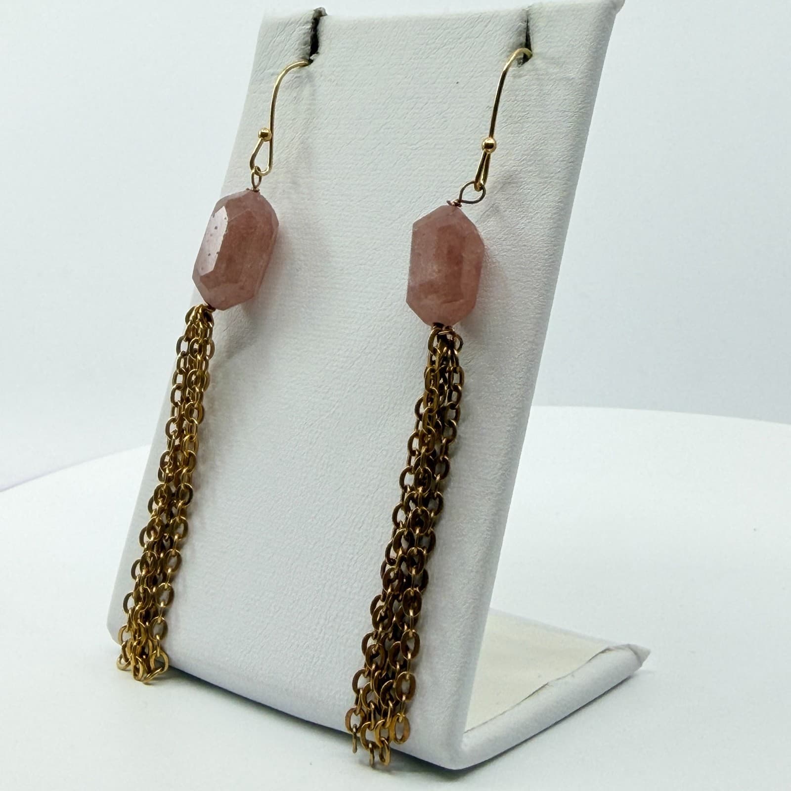 Vintage Gold Tone Pink Strawberry Quartz Faceted Bead Multi Chain Tassel Earring - Thumbnail 6