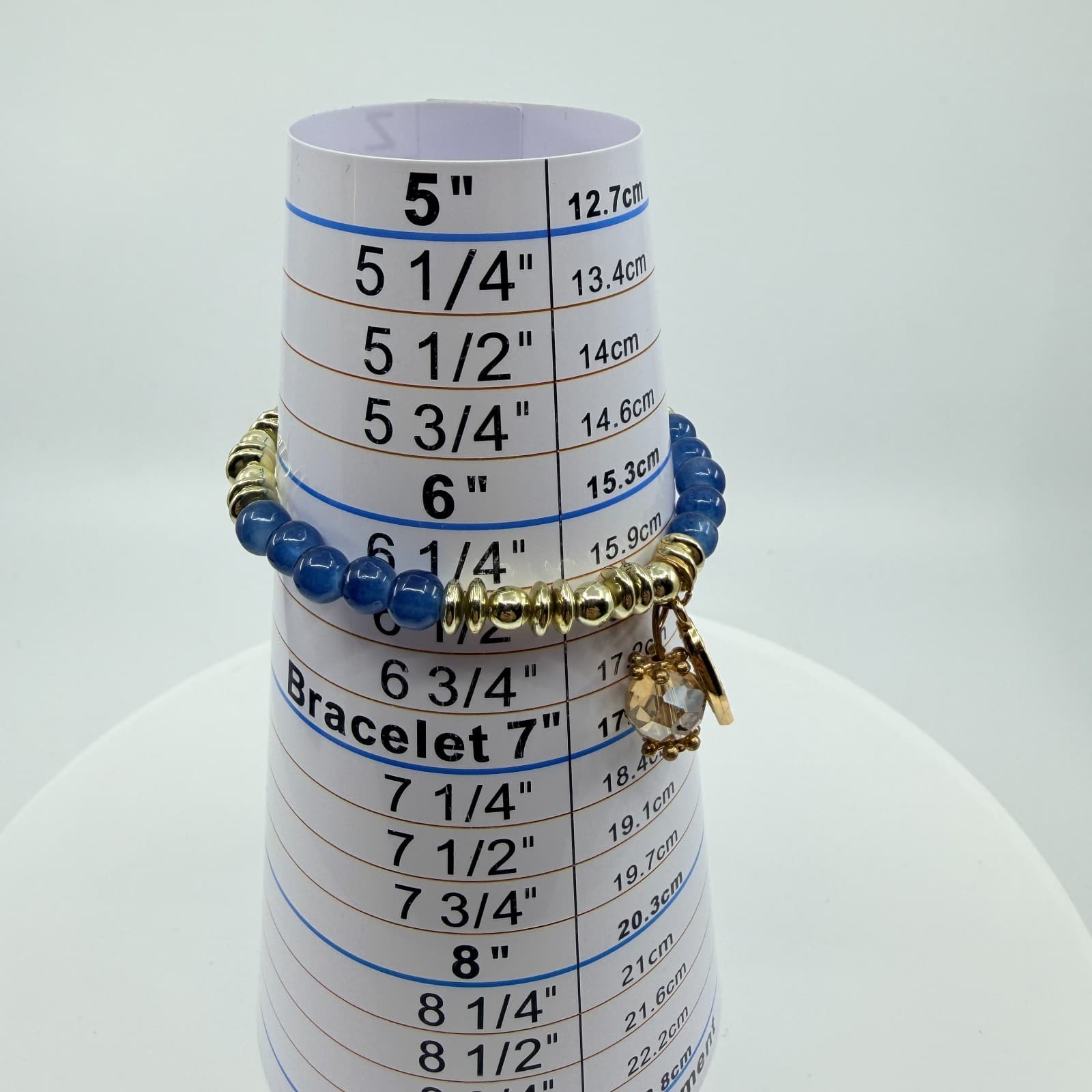 VTG Boho Blue Quartz Gold Tone Beaded Stretch Bracelet Cut Glass Leaf Charm - Thumbnail 10