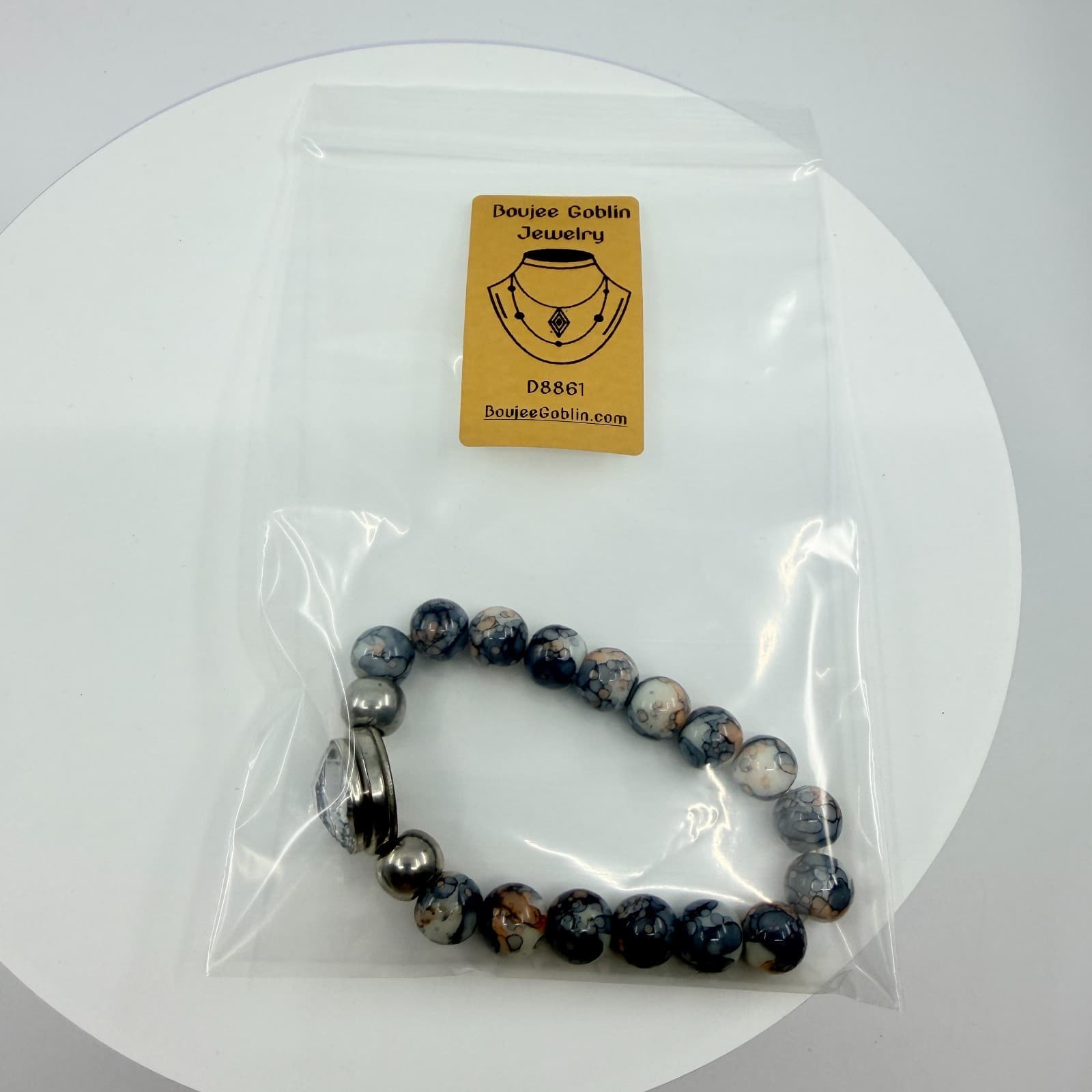 Vintage Boho Gray Ink Splatter Agate Glass Snap Charm Stretch Beaded Bracelet - Thumbnail 10