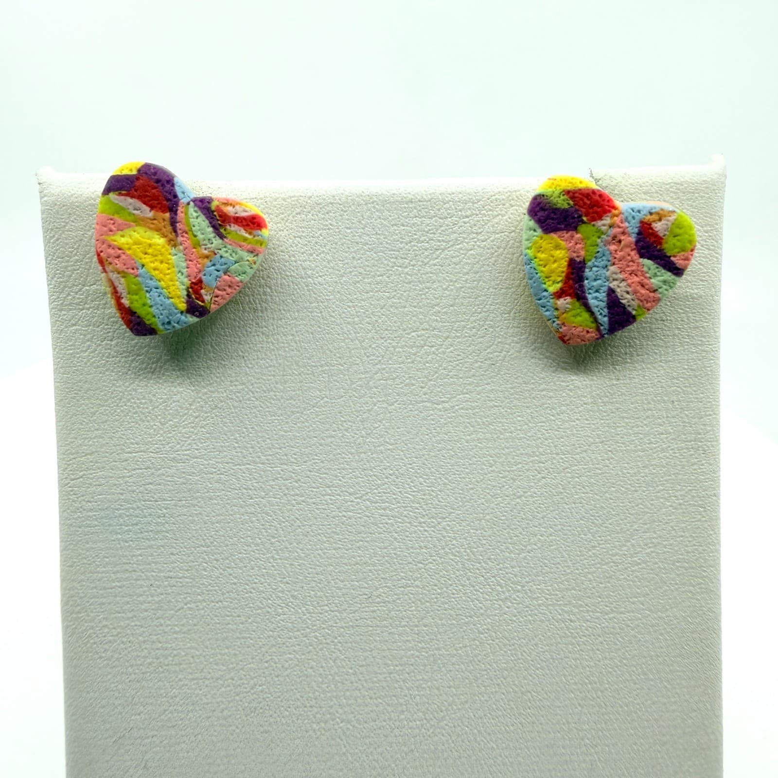 VTG Y2K Retro Multicolor Polymer Clay Heart Stud Earrings Bright Abstract Funky - Thumbnail 2