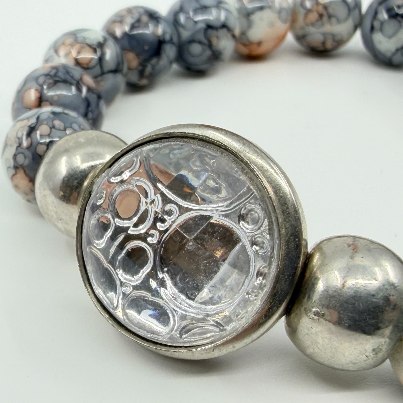 Vintage Boho Gray Ink Splatter Agate Glass Snap Charm Stretch Beaded Bracelet - Thumbnail 5