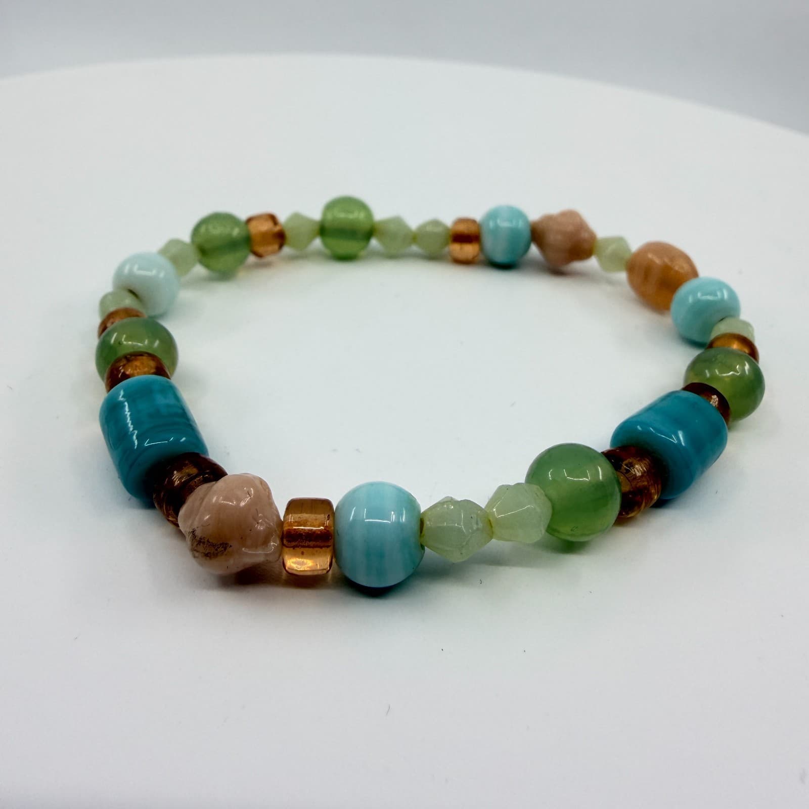 VTG Multi Gemstone Glass Beaded Stretch Bracelet Pastel Aqua Green Bohemian Fun - Thumbnail 2