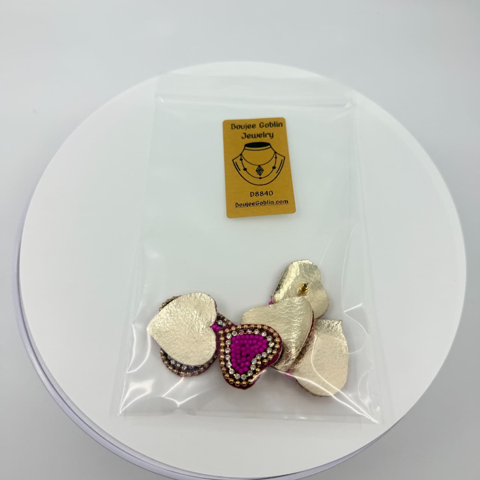 Vintage Y2K Hot Pink Beaded Heart Dangle Earrings Statement Gold Tone Rhinestone - Thumbnail 8