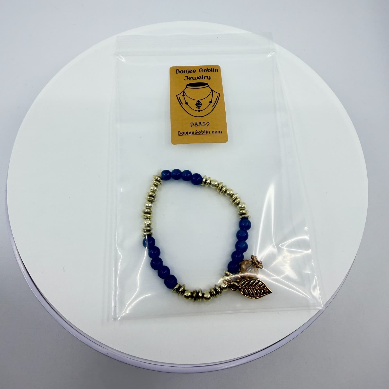 VTG Boho Blue Quartz Gold Tone Beaded Stretch Bracelet Cut Glass Leaf Charm - Thumbnail 11