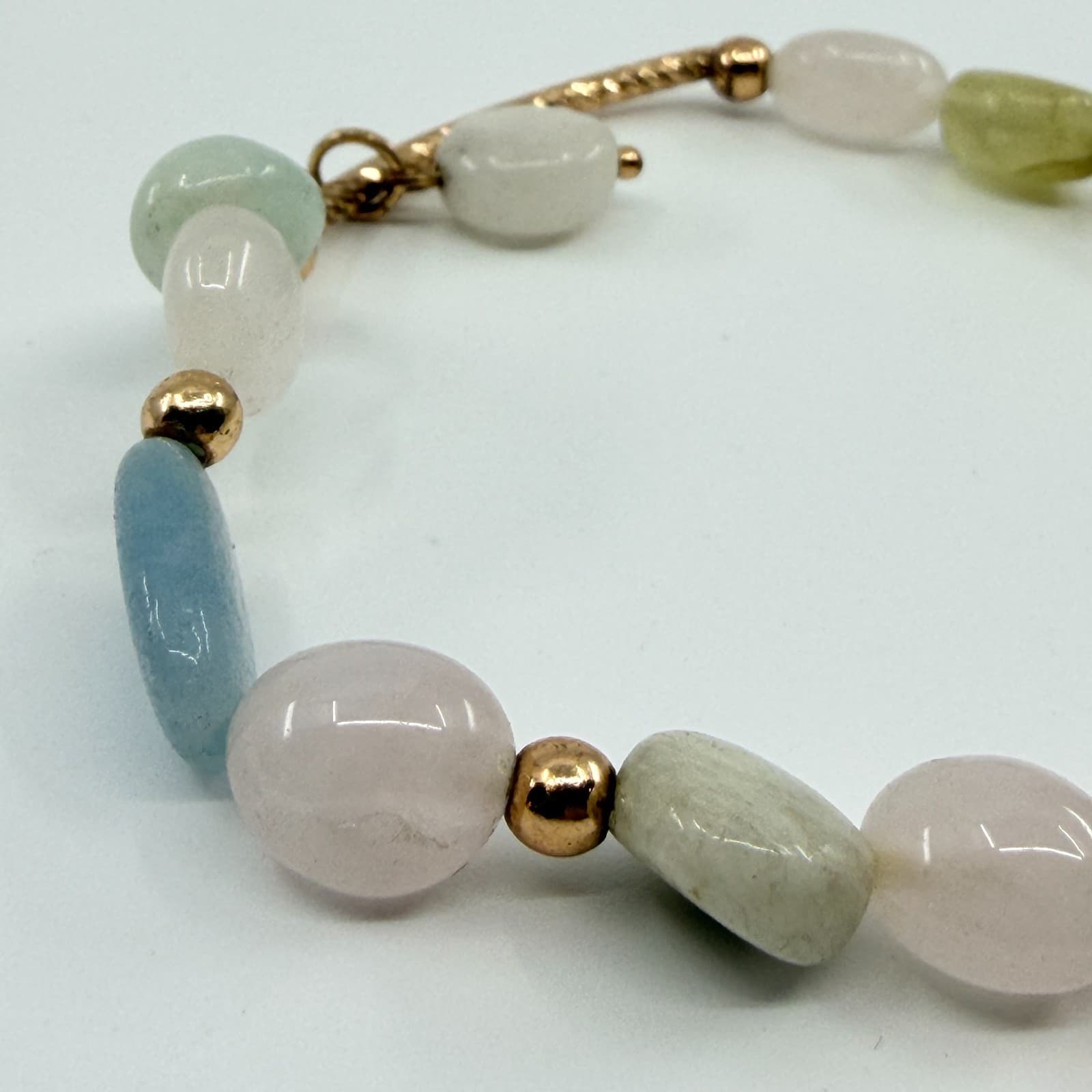 Vintage Pastel Quartz Faux Jade Beaded Bracelet Gold Tone Multi Color Gemstone - Thumbnail 5