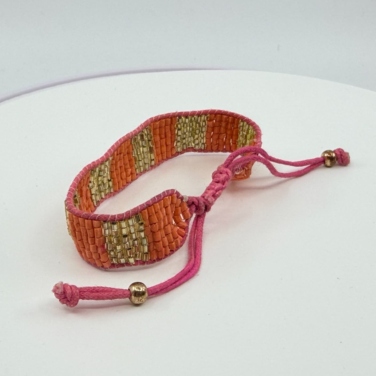 VTG Loom Seed Bead Cuff Bracelet Orange Gold Tone Metallic Pink Adjustable Cord - Thumbnail 5