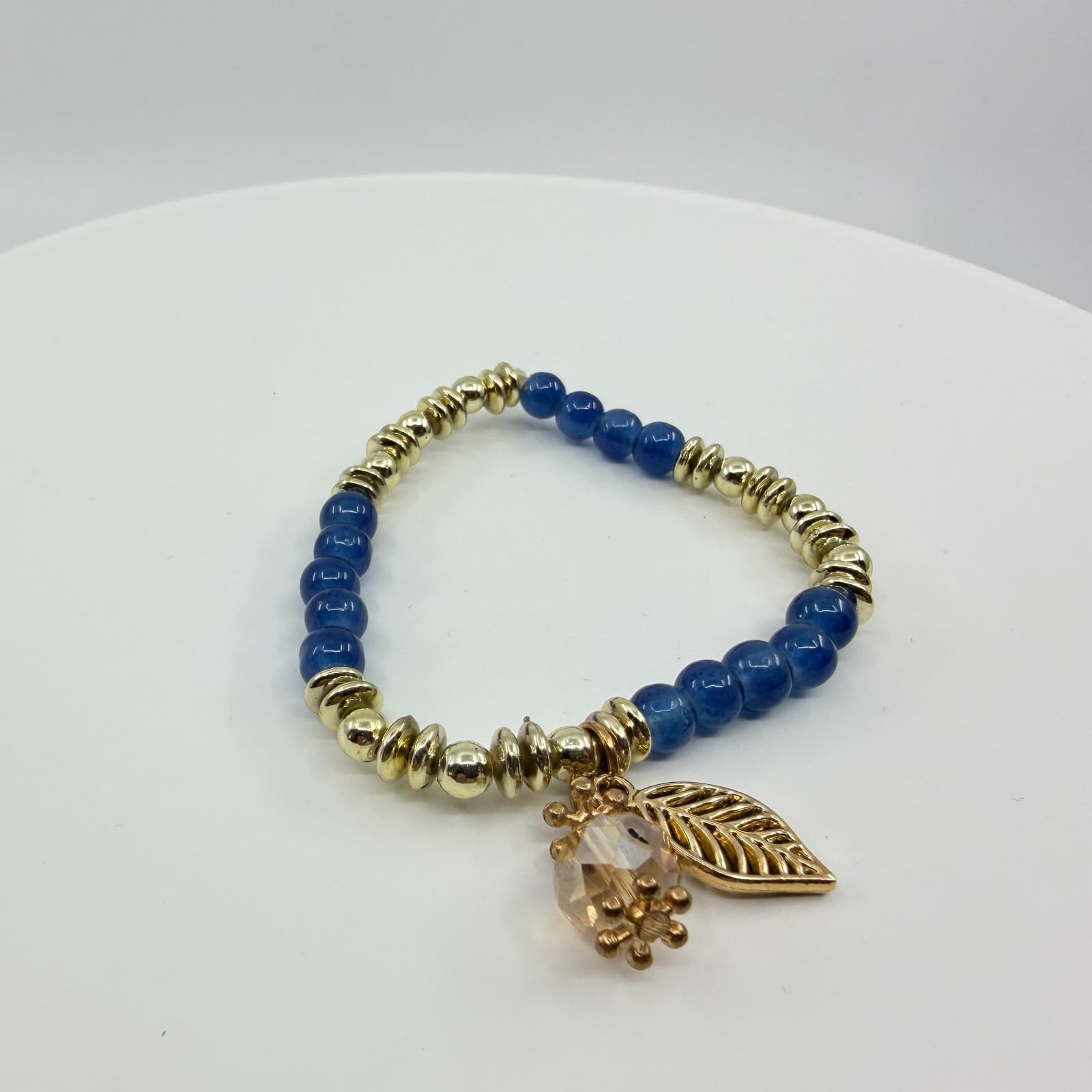 VTG Boho Blue Quartz Gold Tone Beaded Stretch Bracelet Cut Glass Leaf Charm - Thumbnail 7