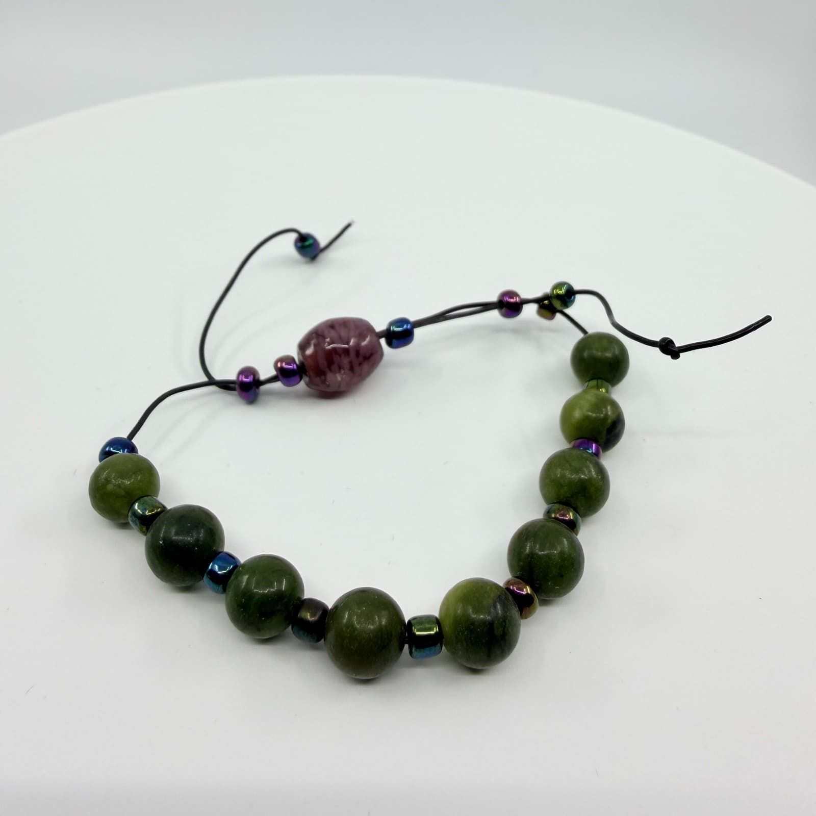 Vintage Boho Green Faux Jade Nephrite Beaded Bracelet Iridescent Accents Cord - Thumbnail 3