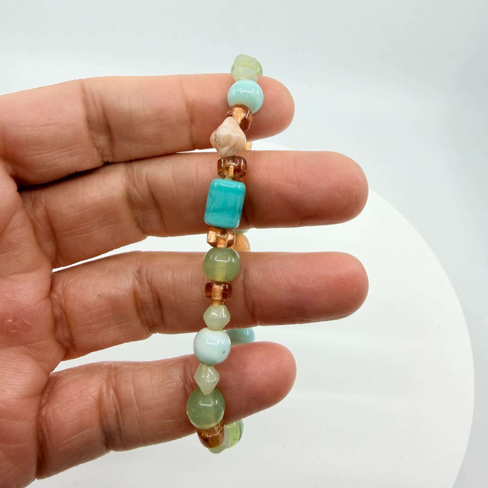 VTG Multi Gemstone Glass Beaded Stretch Bracelet Pastel Aqua Green Bohemian Fun - Thumbnail 7