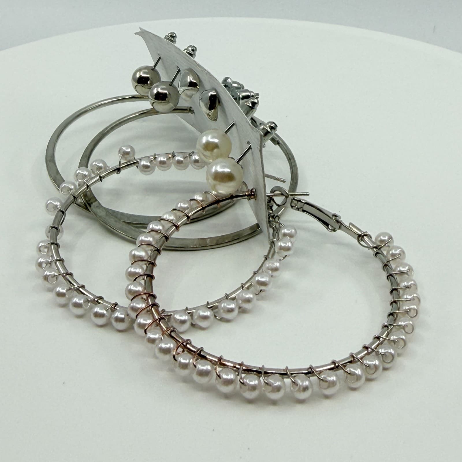 Vintage Y2K Silver Tone Faux Pearl Hoop Stud Earrings Set Multi Pack 4 Pairs - Thumbnail 5