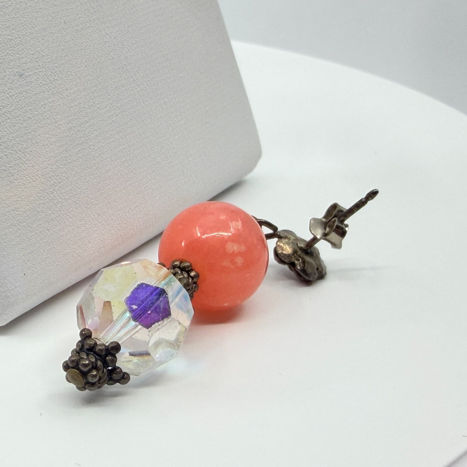 Vintage Retro Coral Pink AB Crystal Dangle Earrings Bronze Tone Rose Studs 80s - Thumbnail 8