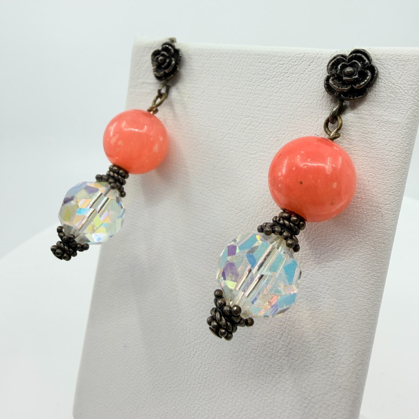 Vintage Retro Coral Pink AB Crystal Dangle Earrings Bronze Tone Rose Studs 80s - Thumbnail 3