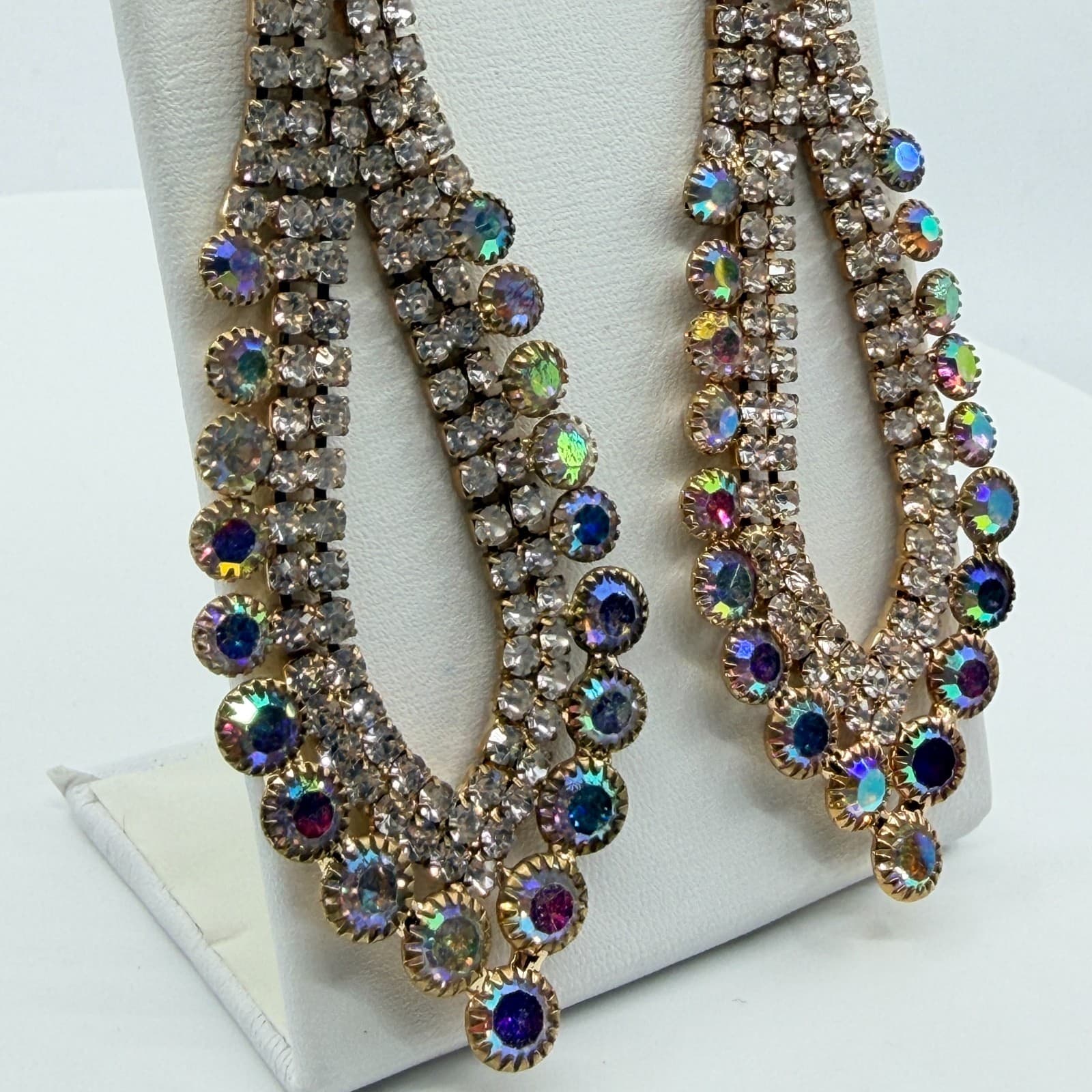 Vintage Aurora Borealis Rhinestone Chandelier Statement Earrings Gold Tone Y2K - Thumbnail 6