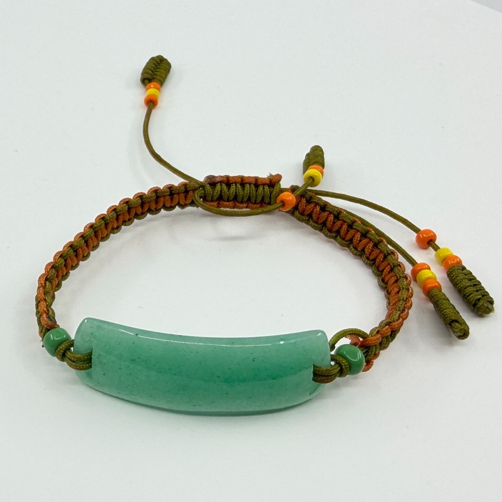 Vintage Faux Jade Aventurine Bar Macrame Cord Braided Slide Bracelet Boho Y2K - Thumbnail 6