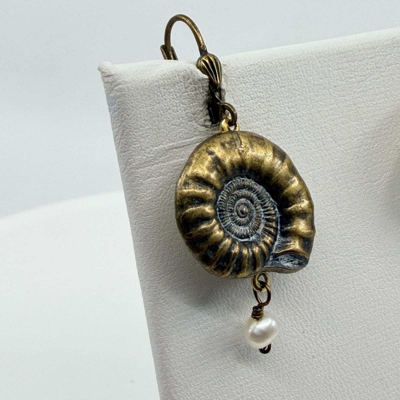 VTG Antique Bronze Tone Ammonite Fossil Shell Dangle Hinged Faux Pearl Earring - Thumbnail 3