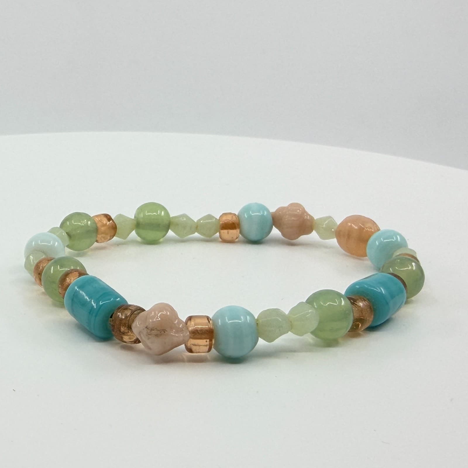 VTG Multi Gemstone Glass Beaded Stretch Bracelet Pastel Aqua Green Bohemian Fun - Thumbnail 6