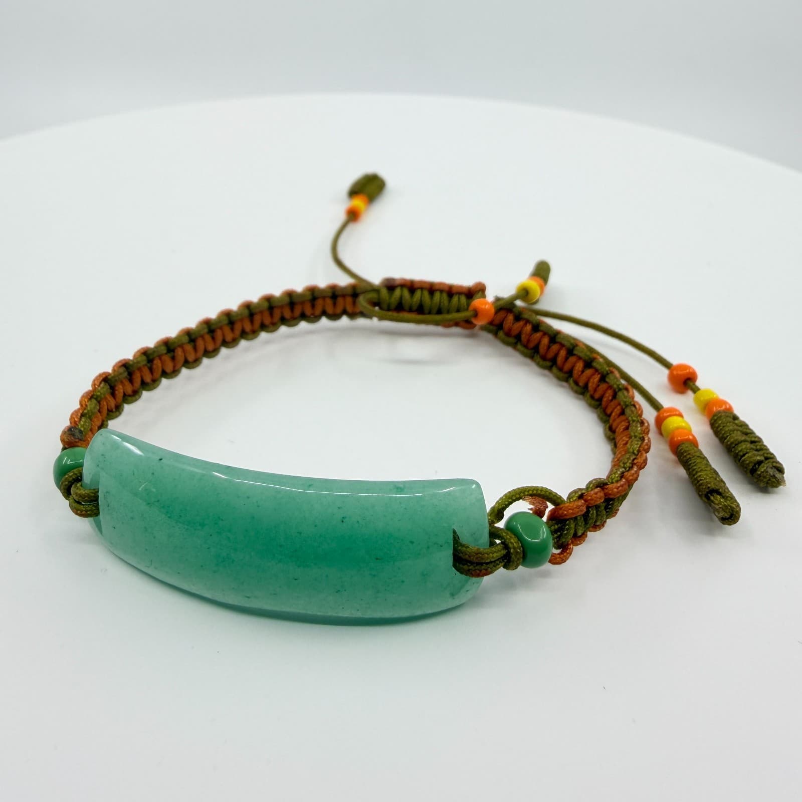 Vintage Faux Jade Aventurine Bar Macrame Cord Braided Slide Bracelet Boho Y2K - Thumbnail 2