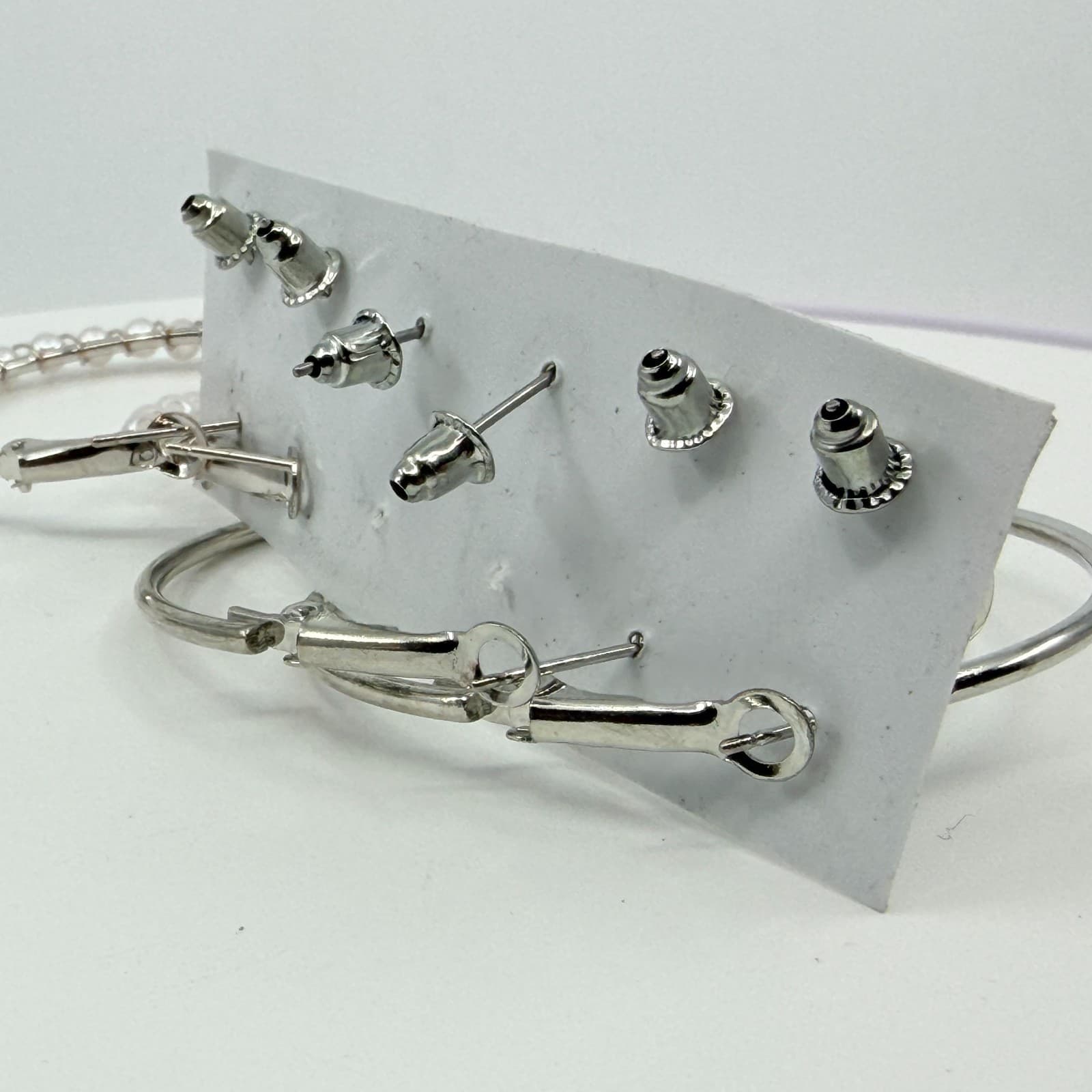 Vintage Y2K Silver Tone Faux Pearl Hoop Stud Earrings Set Multi Pack 4 Pairs - Thumbnail 6