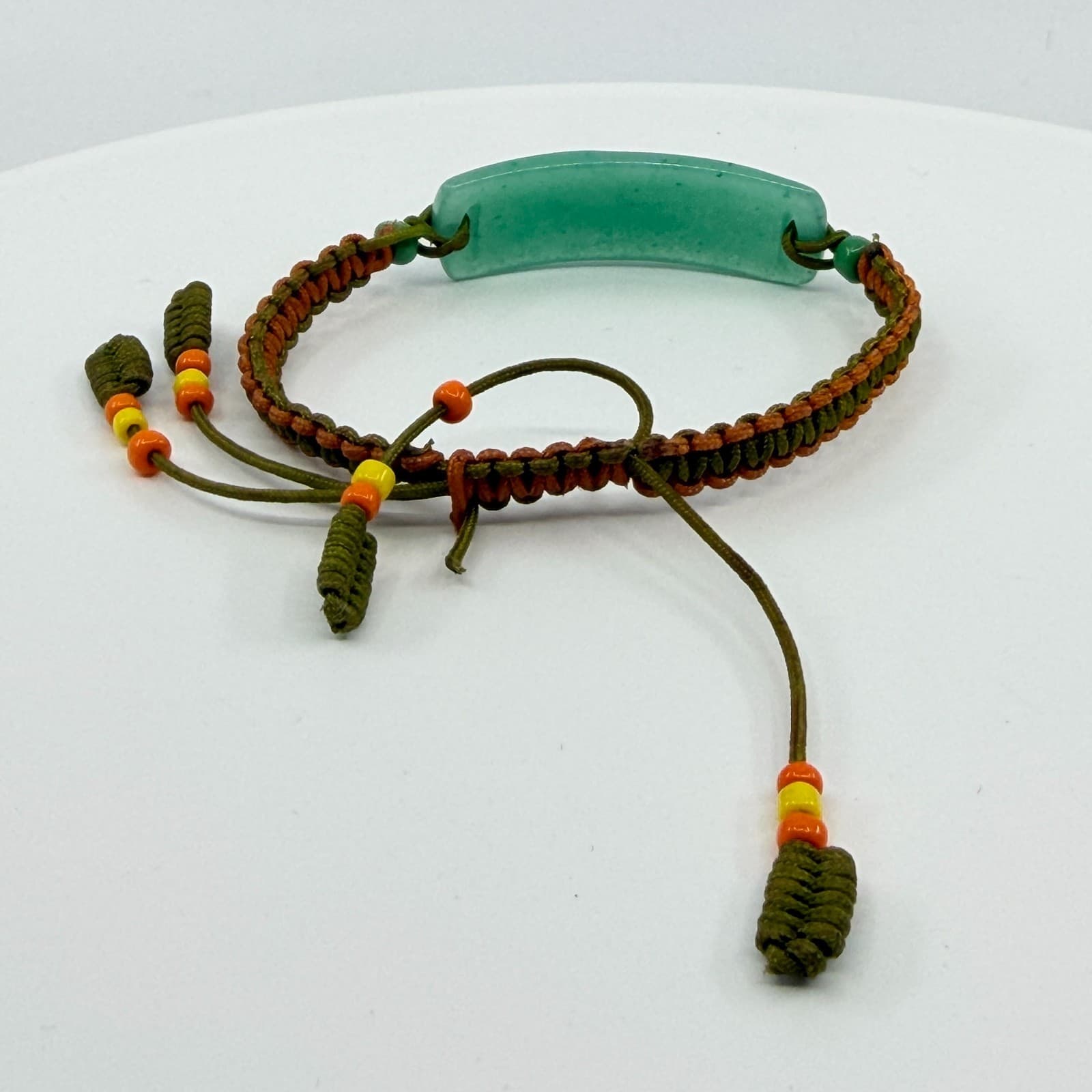 Vintage Faux Jade Aventurine Bar Macrame Cord Braided Slide Bracelet Boho Y2K - Thumbnail 4