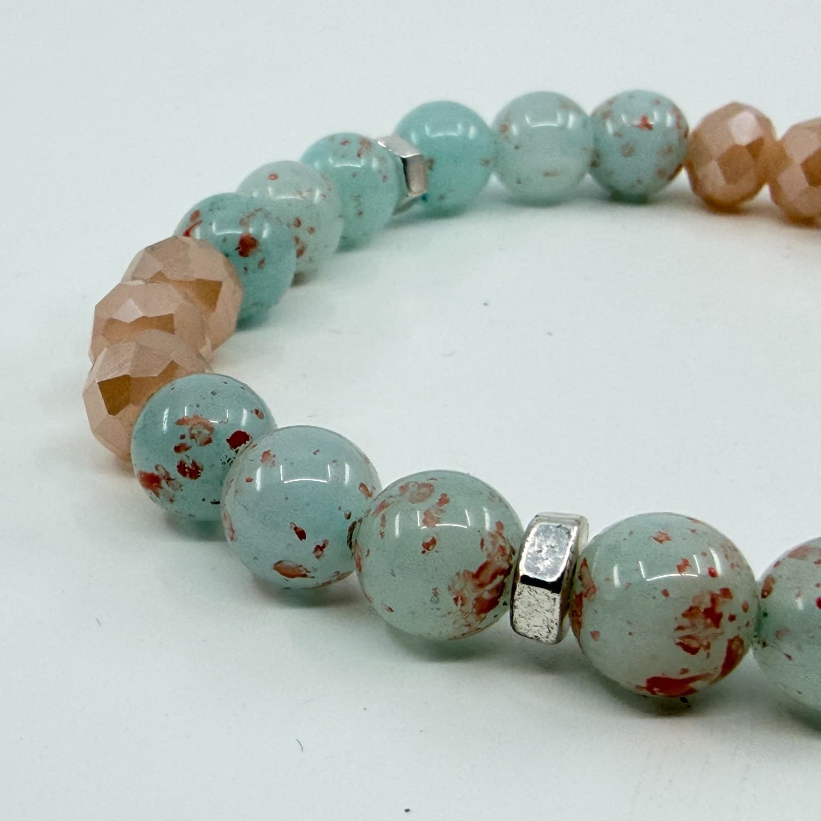 Vintage Y2K Mint Green Speckled Peach Beaded Stretch Bracelet Boho Coastal Style - Thumbnail 5