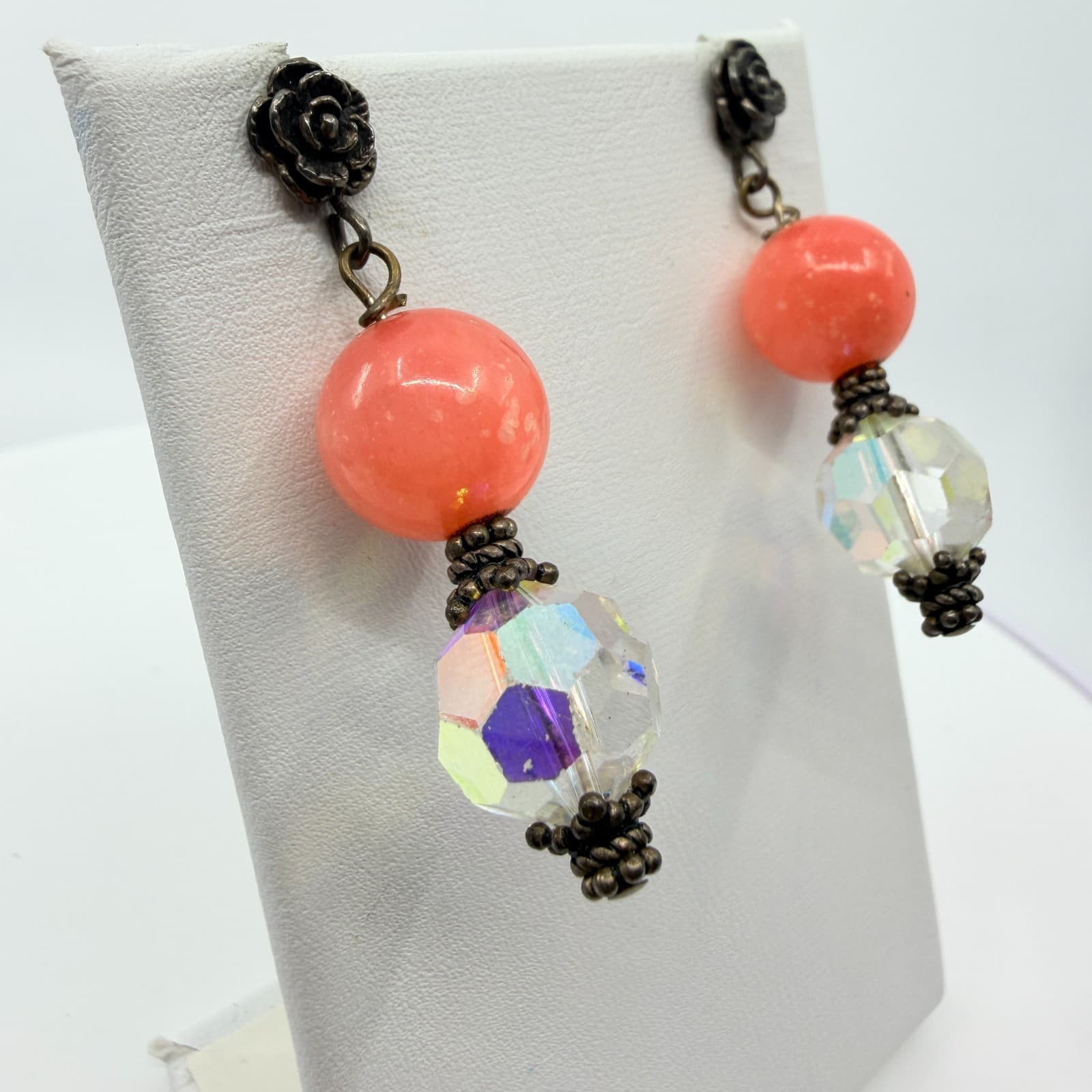 Vintage Retro Coral Pink AB Crystal Dangle Earrings Bronze Tone Rose Studs 80s - Thumbnail 2