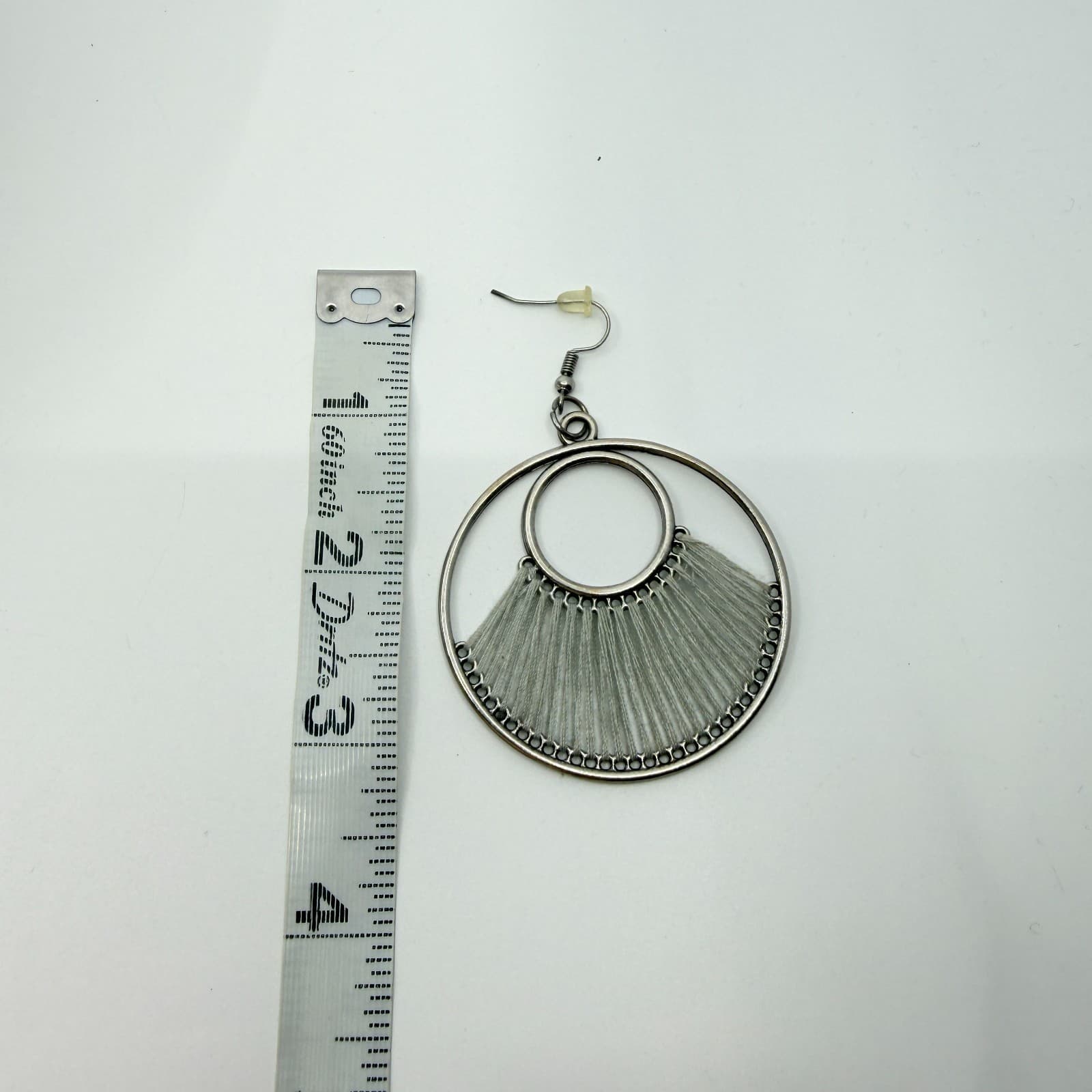 Vintage Boho Silver Tone Cream Thread Wrapped Concentric Circle Hoop Earrings - Thumbnail 9