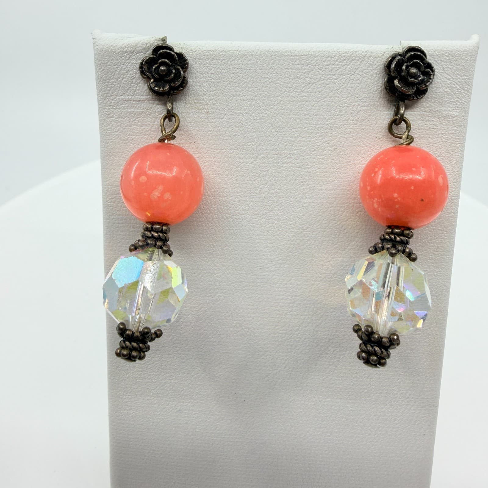 Vintage Retro Coral Pink AB Crystal Dangle Earrings Bronze Tone Rose Studs 80s - Thumbnail 5